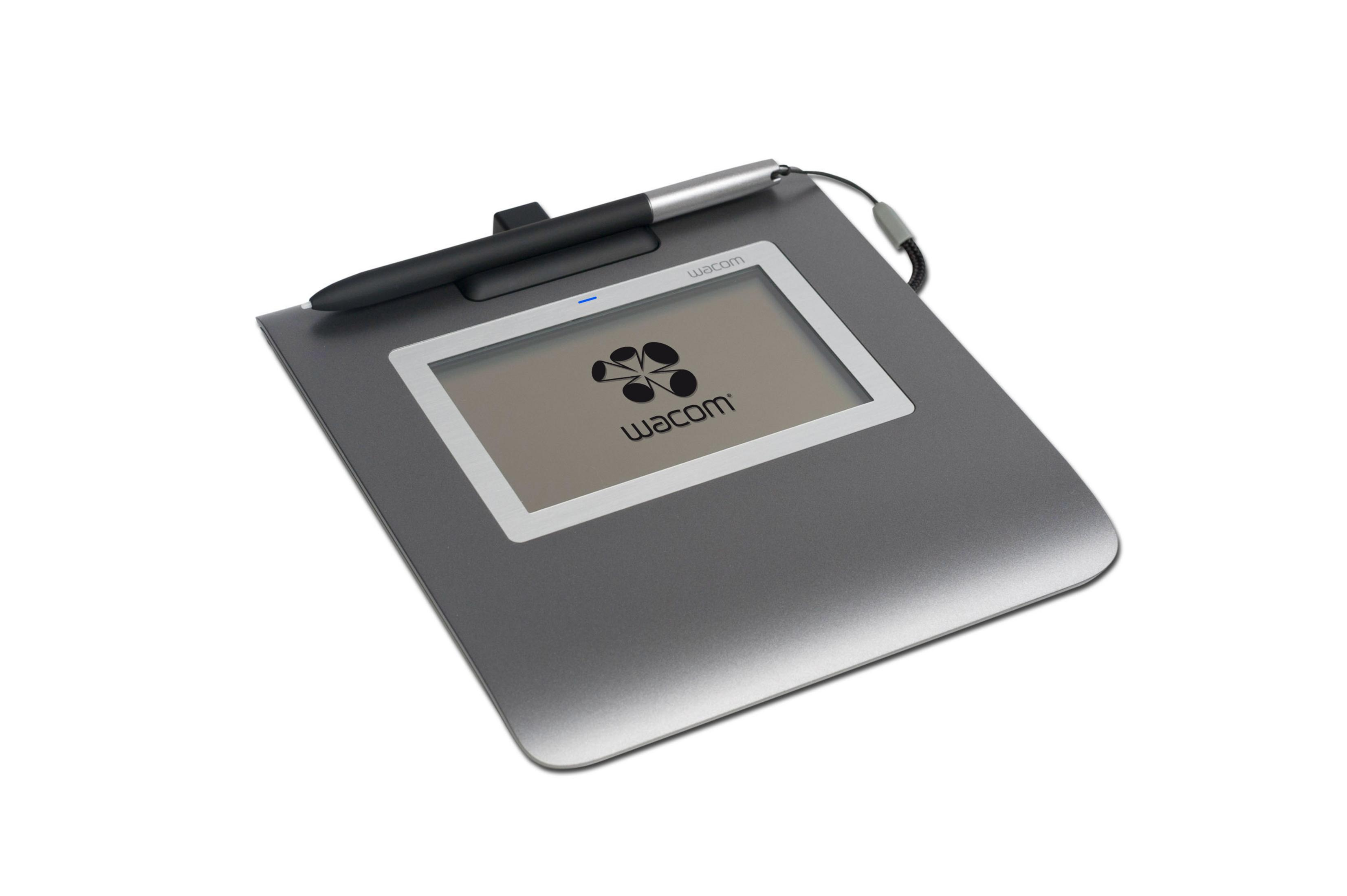 Ein graues Wacom-Tablet mit Stift. Das Tablet hat einen Bildschirm und ein Wacom-Logo.