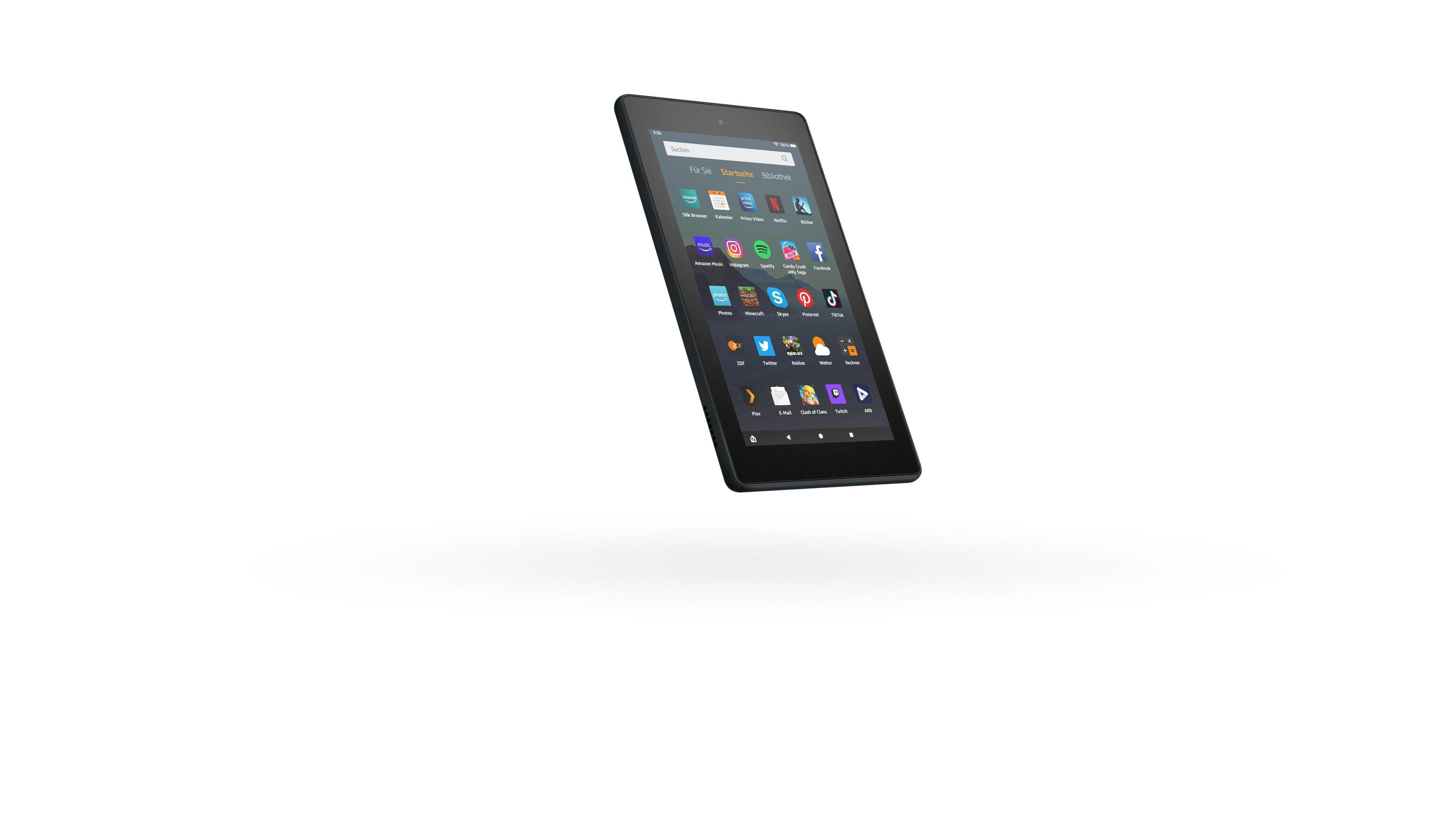 Schwarzes Tablet in der Luft. Es zeigt einen App-Bildschirm auf weißem Hintergrund.