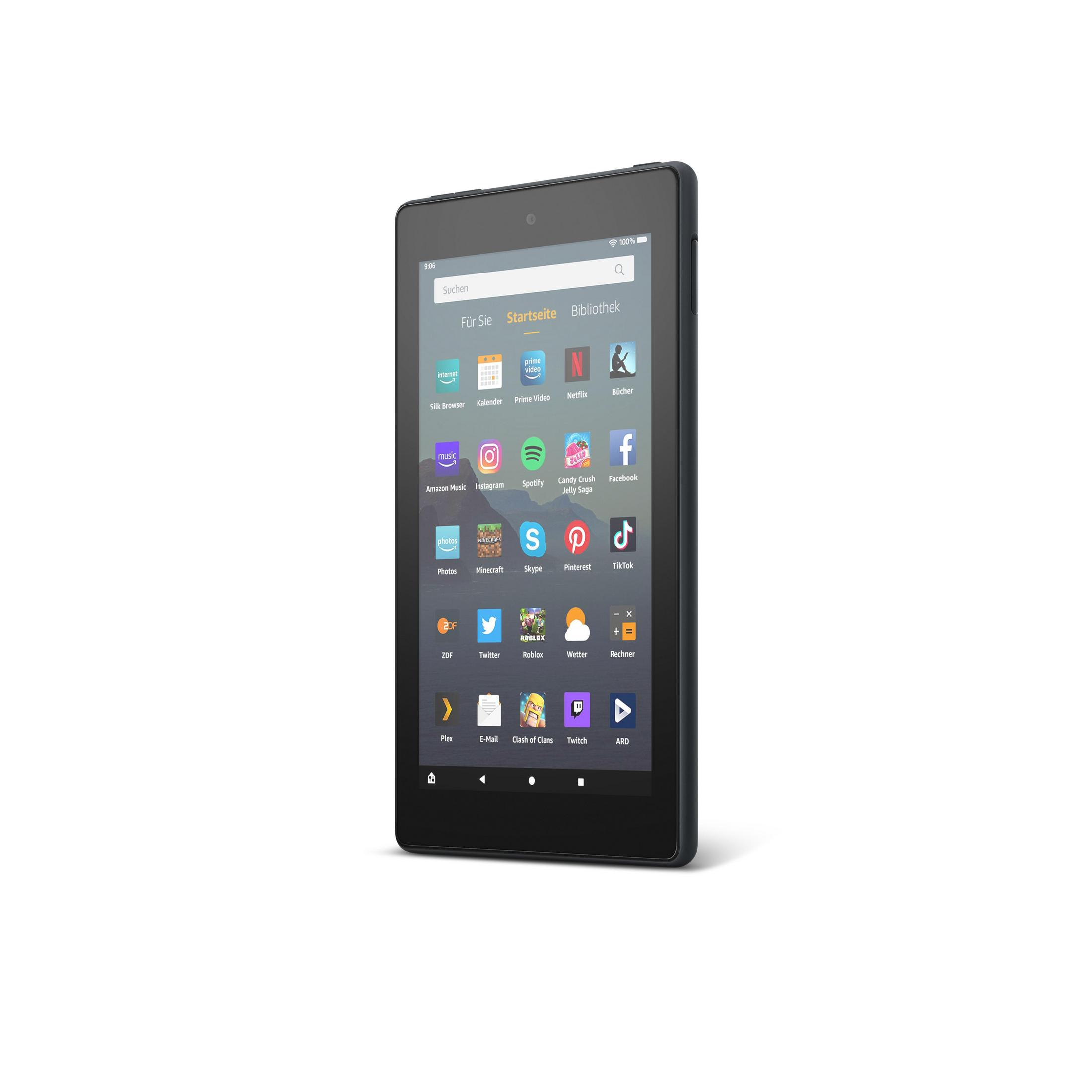 Schwarzes Tablet mit dunklem Bildschirm, zeigt App-Symbole und Suchleiste vor weißem Hintergrund.