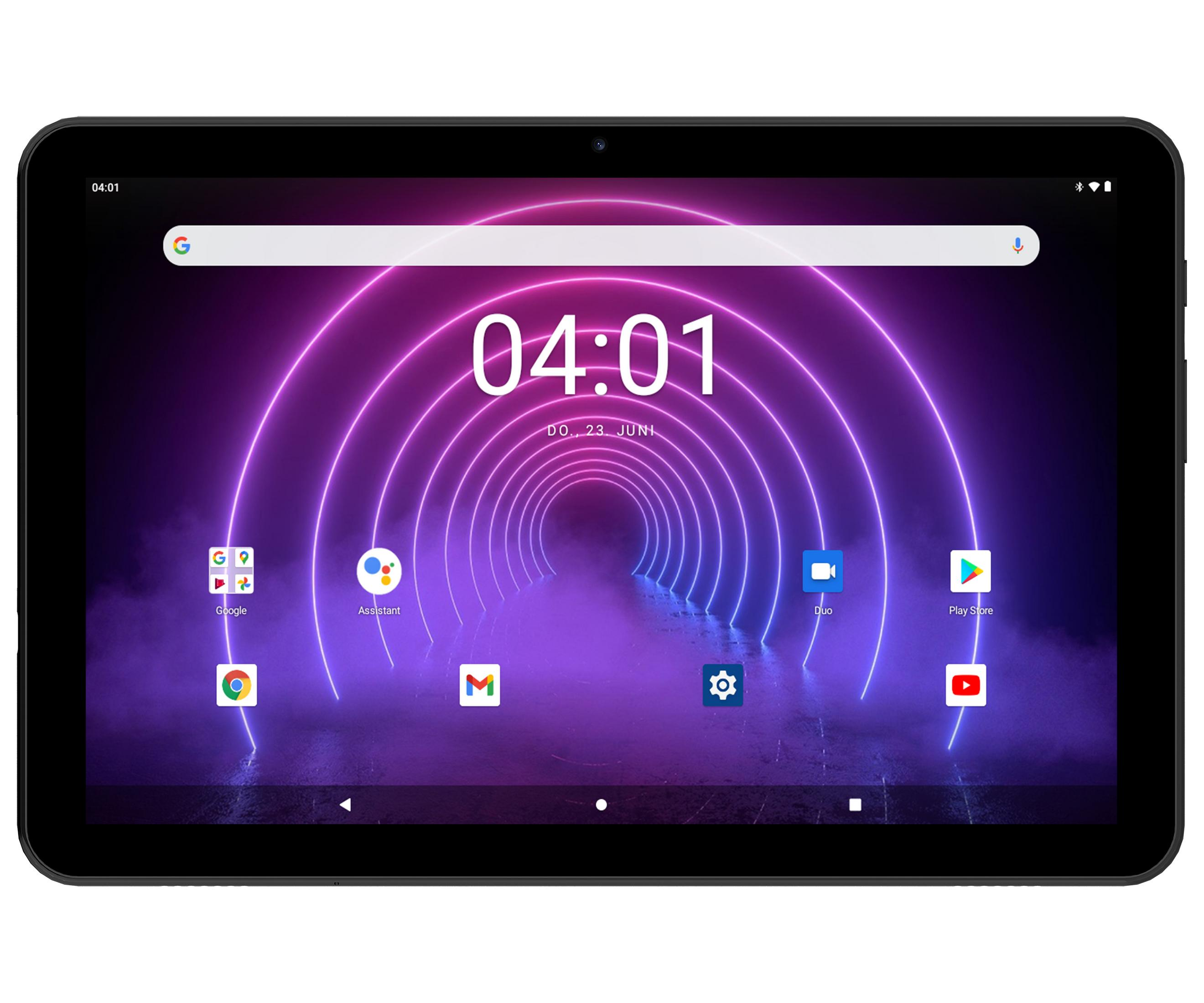 Ein schwarzes Tablet zeigt einen Hintergrund mit einem lila Neon-Tunnel und App-Symbolen.