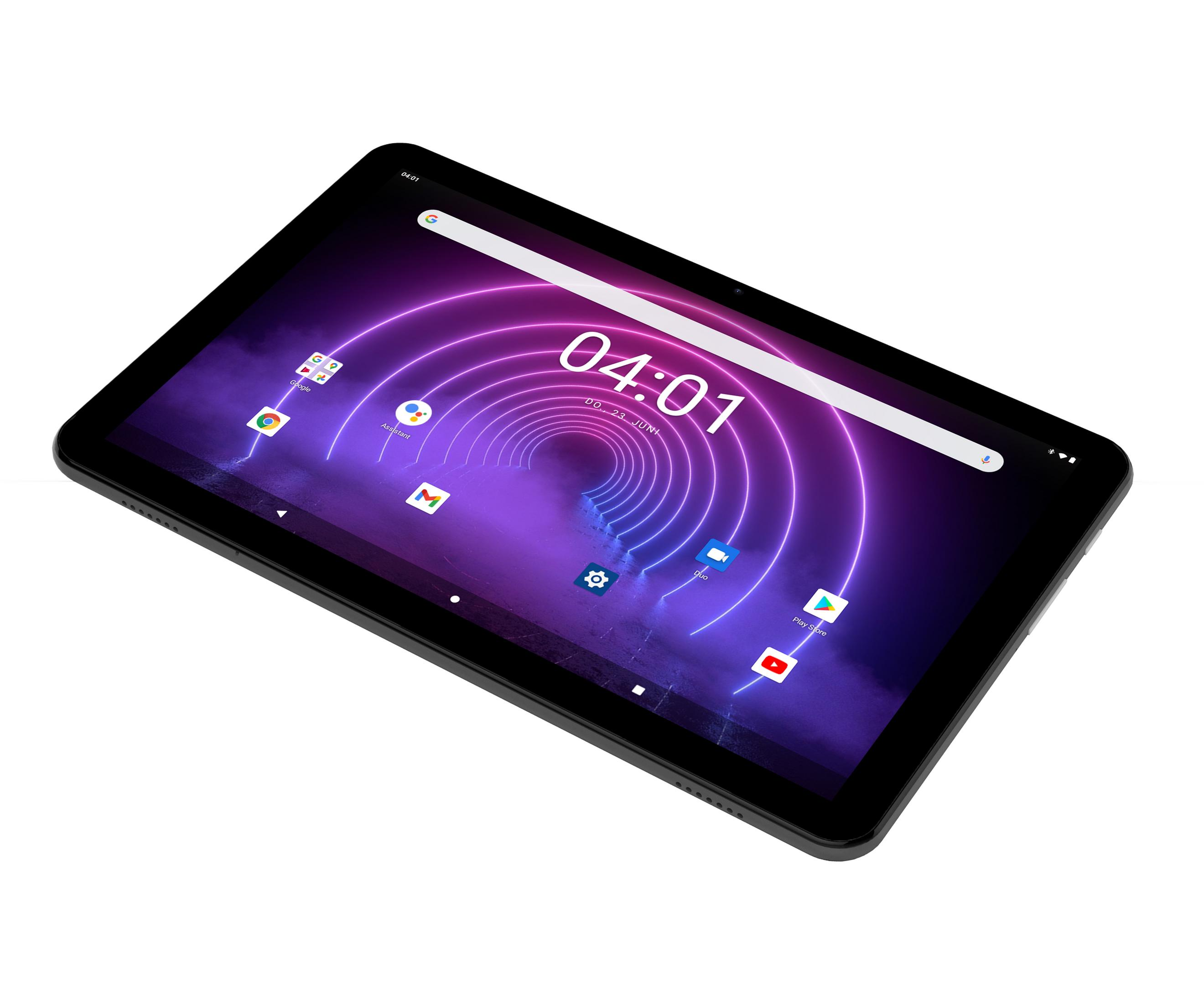 Schwarzes Tablet mit hellem, farbenfrohem Bildschirm, der eine digitale Oberfläche mit Symbolen und Uhrzeit zeigt.