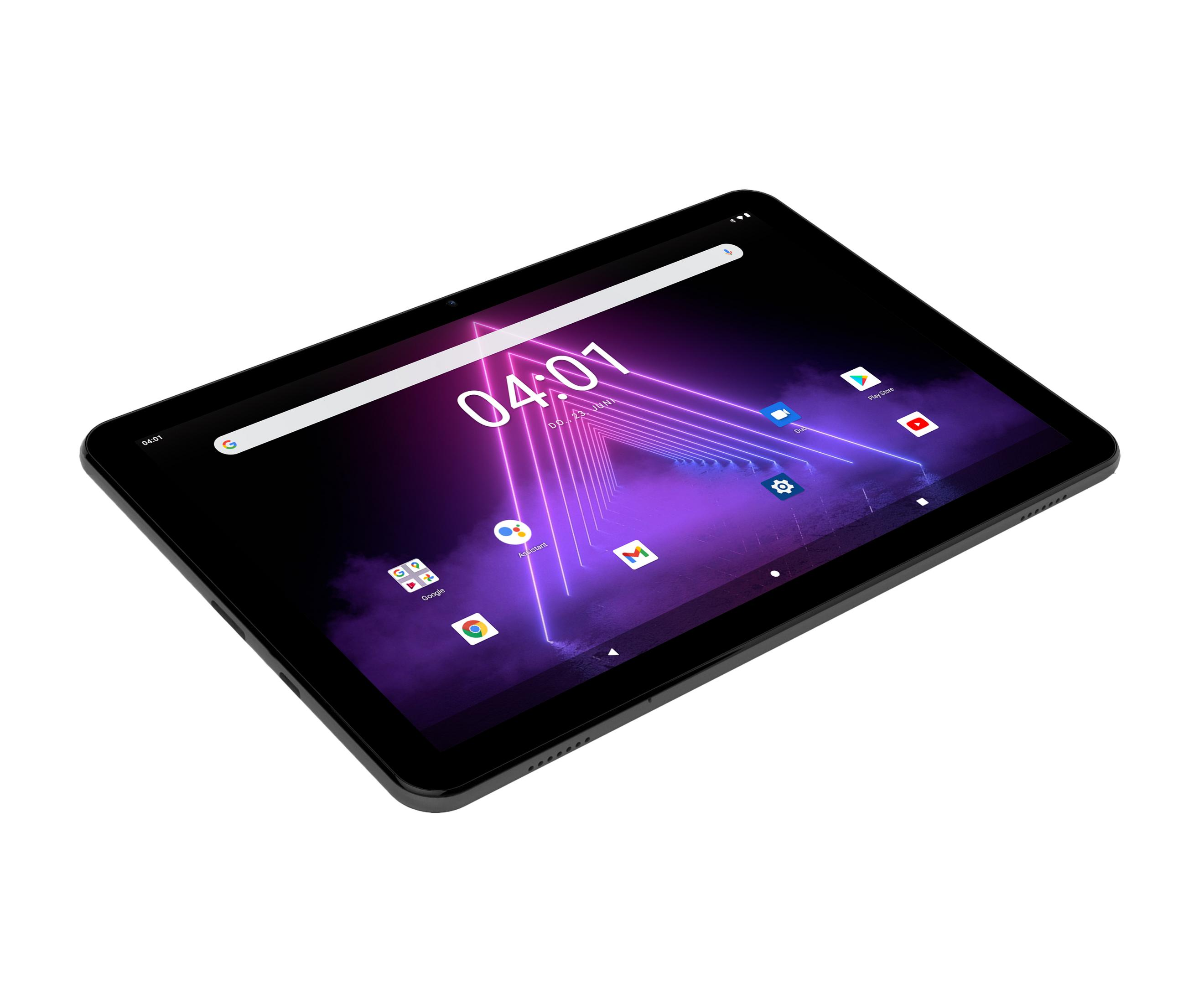 Ein schwarzes Tablet auf weißem Hintergrund, das einen lila neonbeleuchteten Bildschirm mit der Uhrzeit anzeigt.