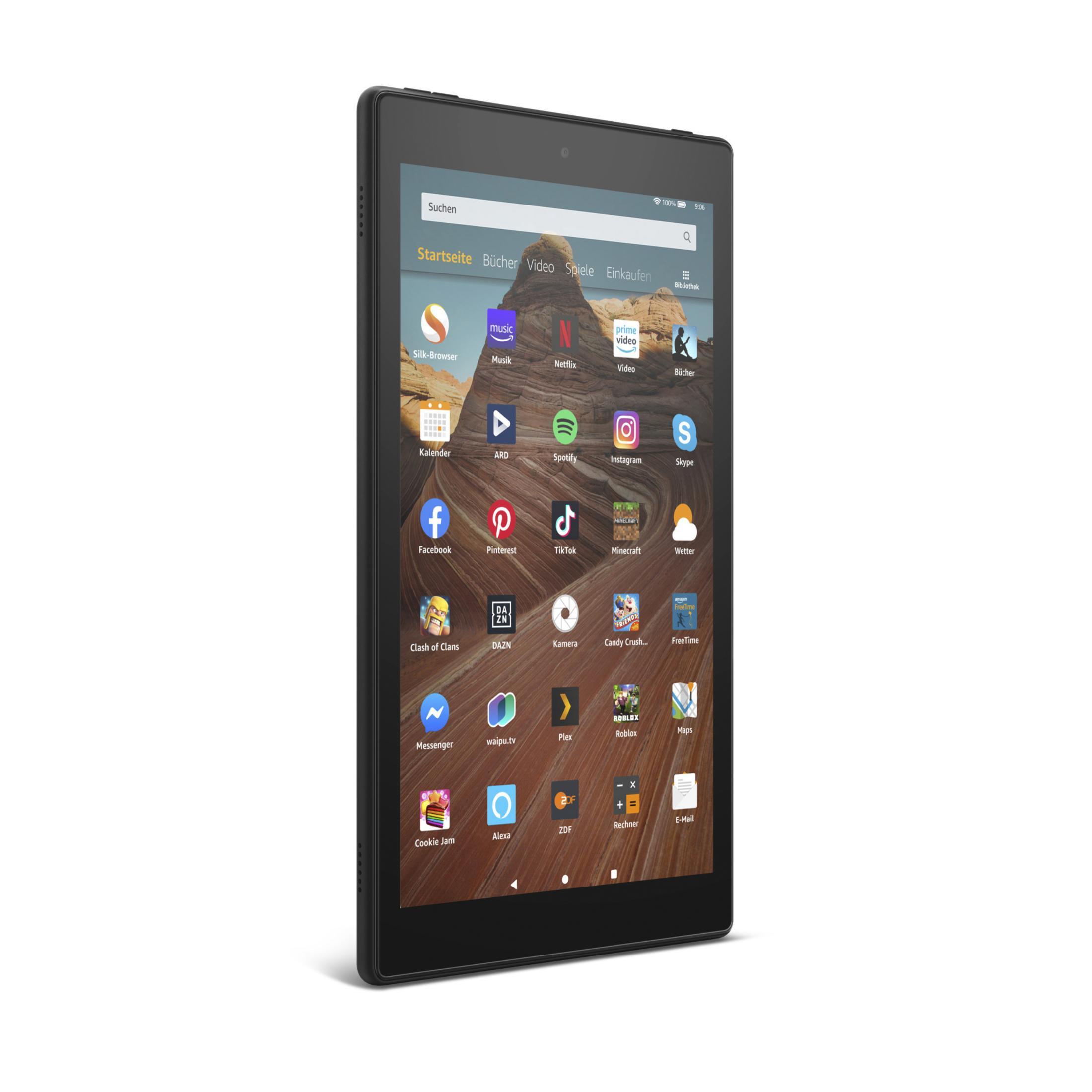 Schwarzes Tablet mit Touchscreen, der Apps anzeigt. Seitenansicht, weißer Hintergrund.