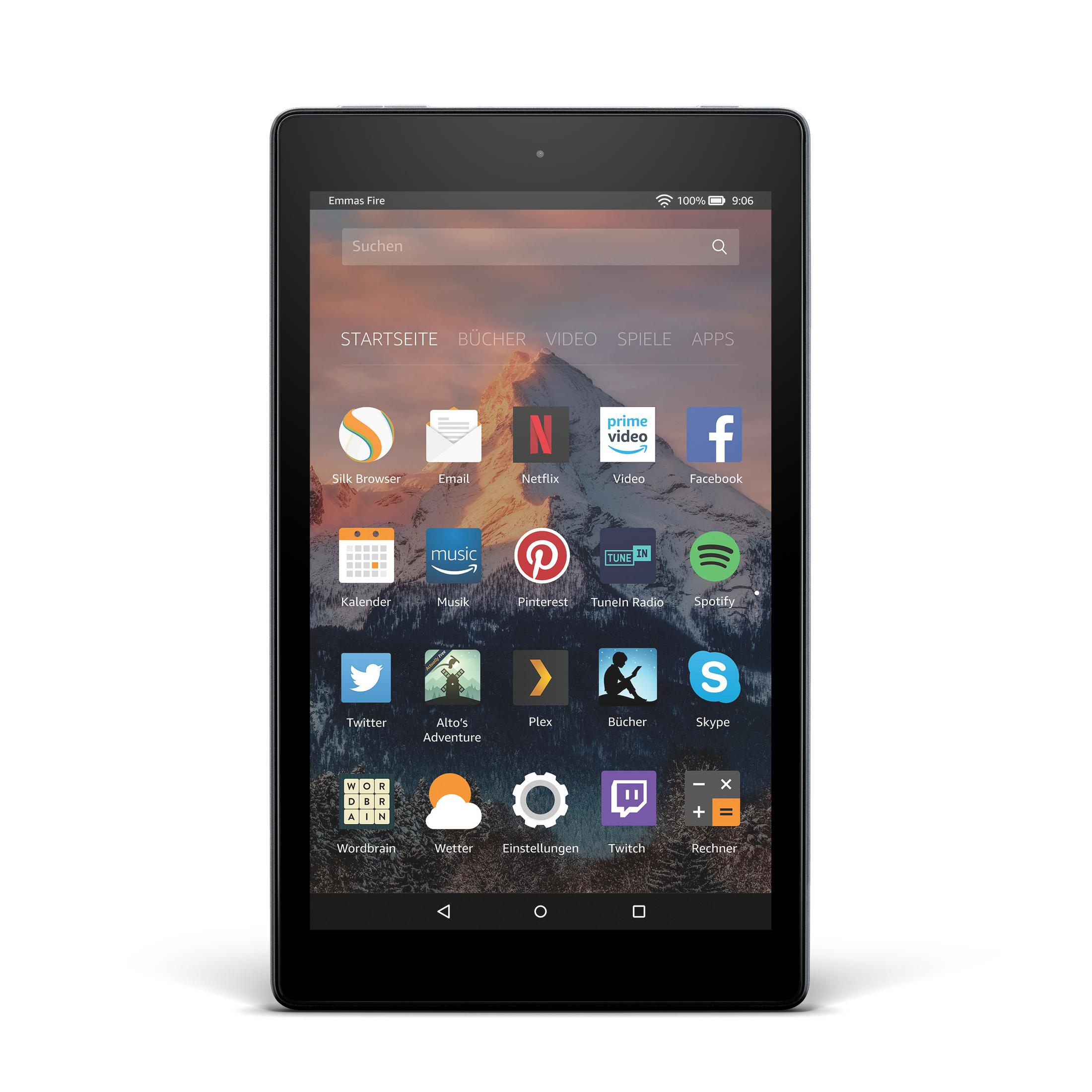 Schwarzes Tablet mit App-Symbolen auf dem Bildschirm. Der Bildschirm zeigt eine Vielzahl von Apps, mit einer Suchleiste.