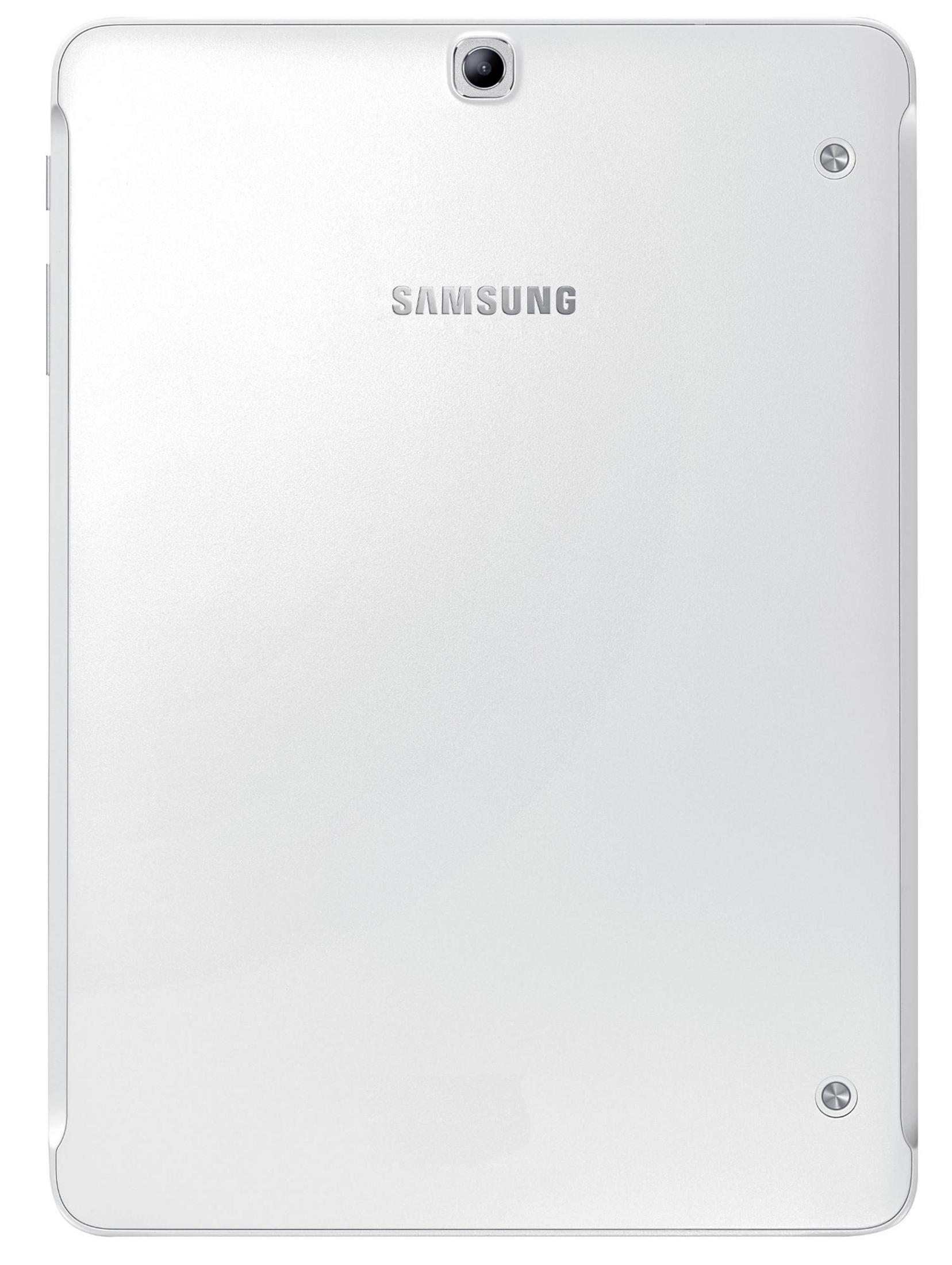 Weiße Tablet-Rückseite mit Kamera und Samsung-Logo. Weißer Hintergrund.