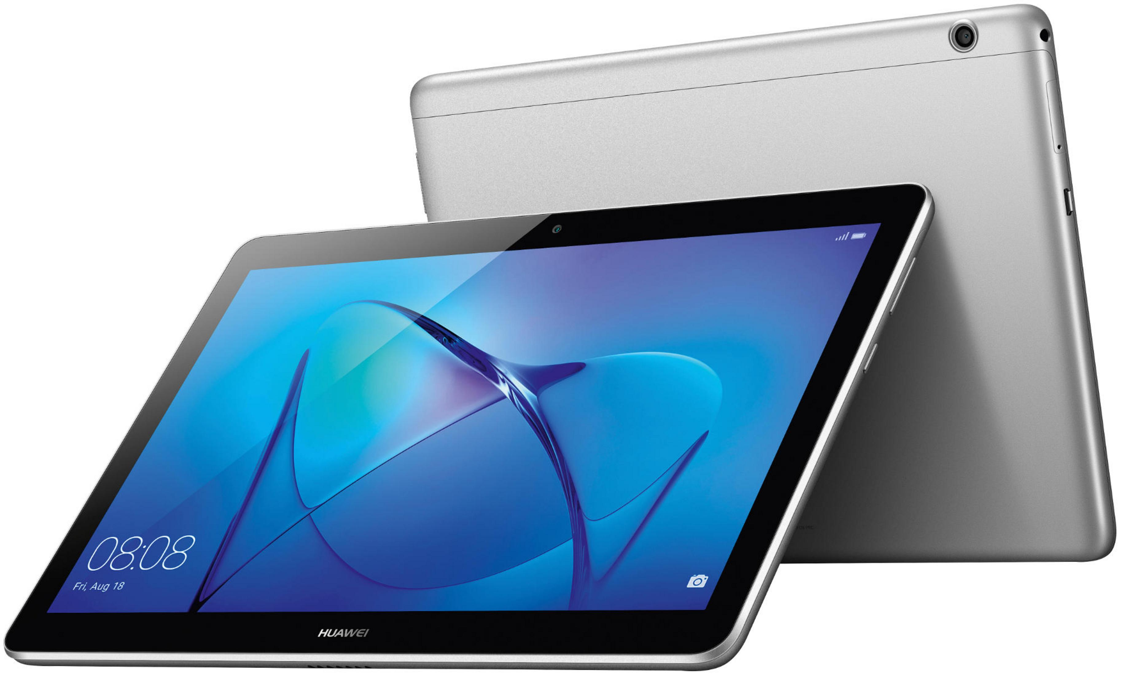 Ein silbernes Huawei Tablet zeigt einen blauen Bildschirm mit Zeitanzeige und Kamera-Symbol.