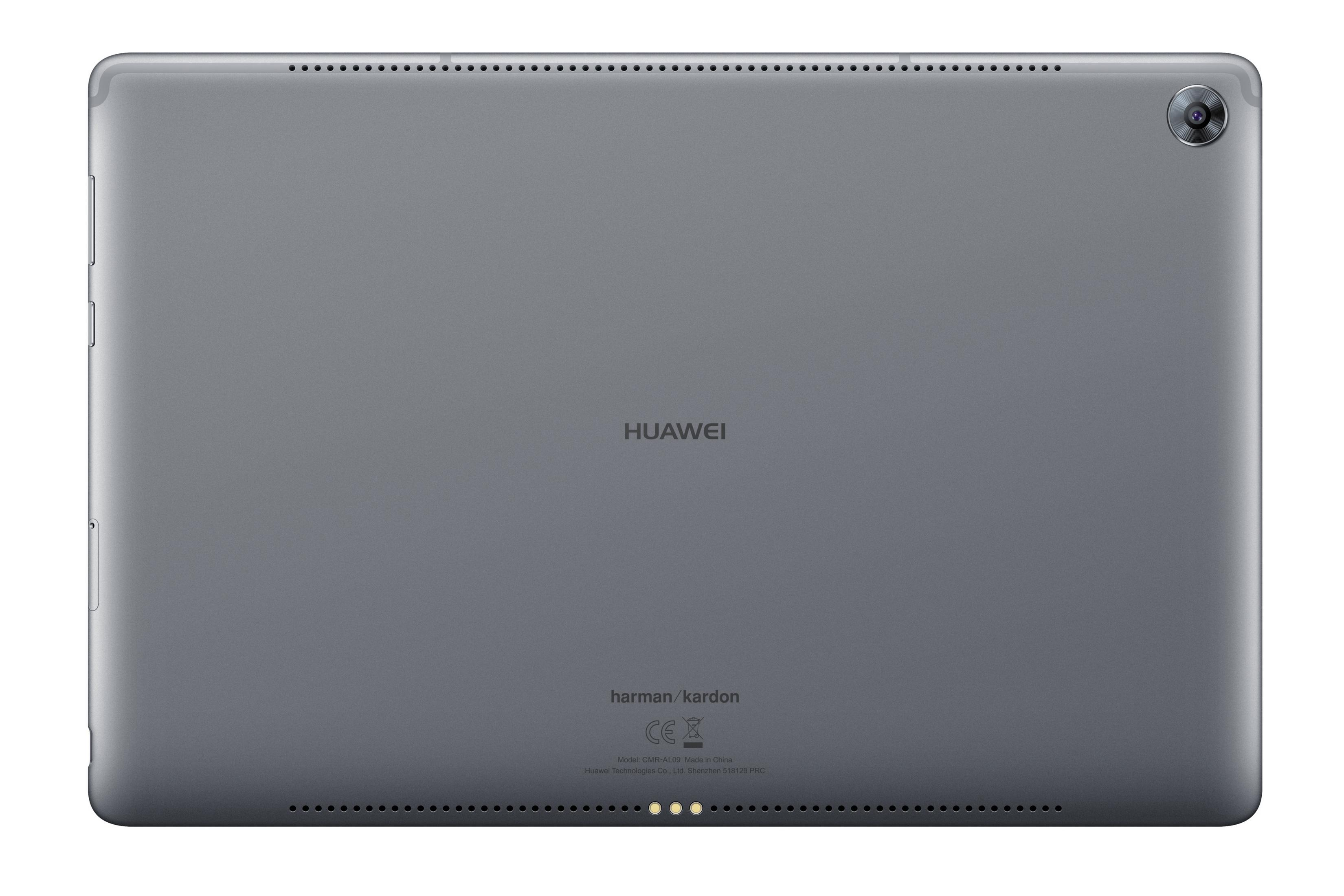 Die Rückseite eines grauen Tablets mit Huawei-Logo, Kamera und Harman/Kardon-Markenzeichen.