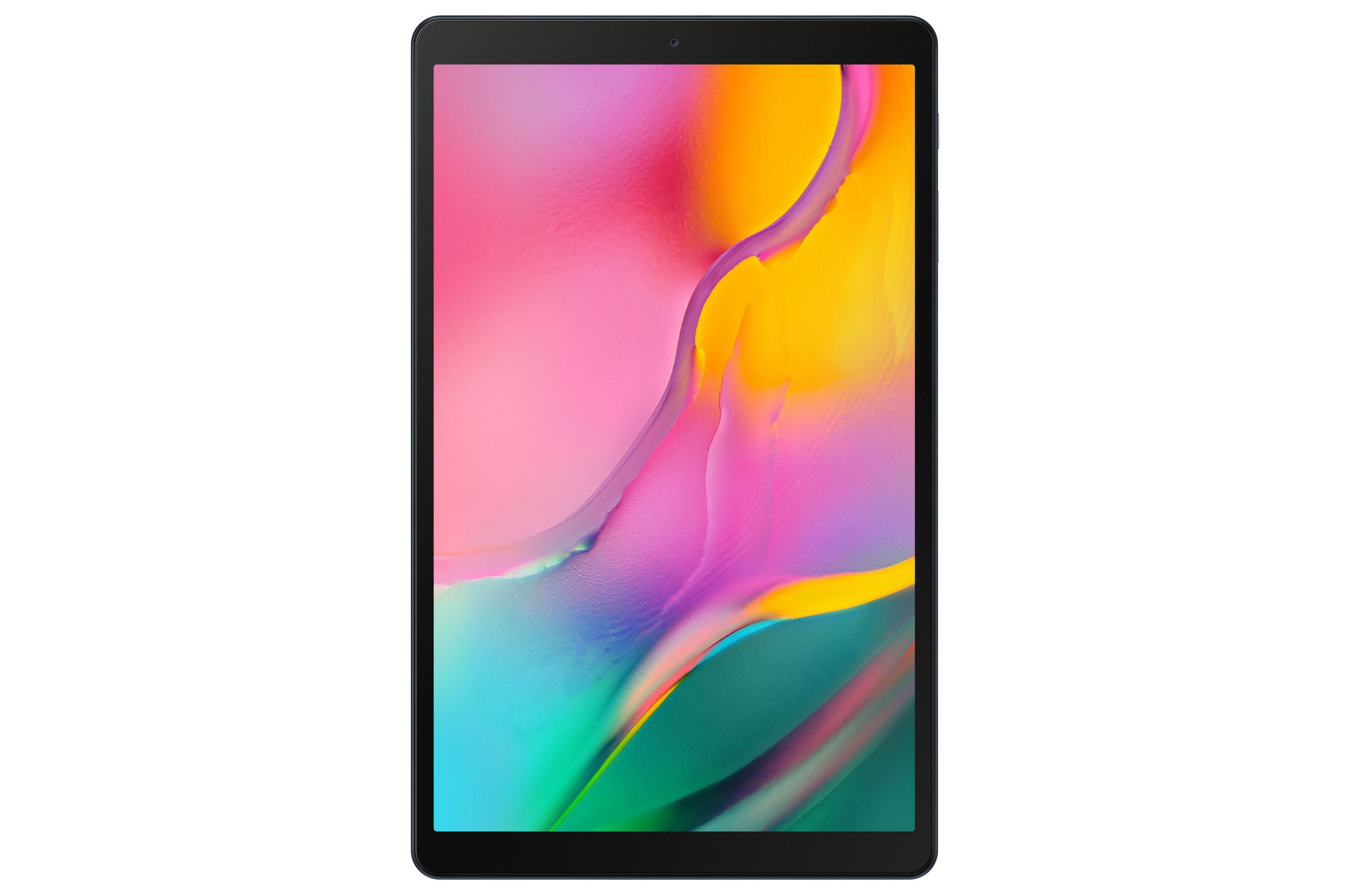 Schwarzes Tablet mit farbenfrohem, abstraktem Bild auf dem Bildschirm. Weißer Hintergrund.