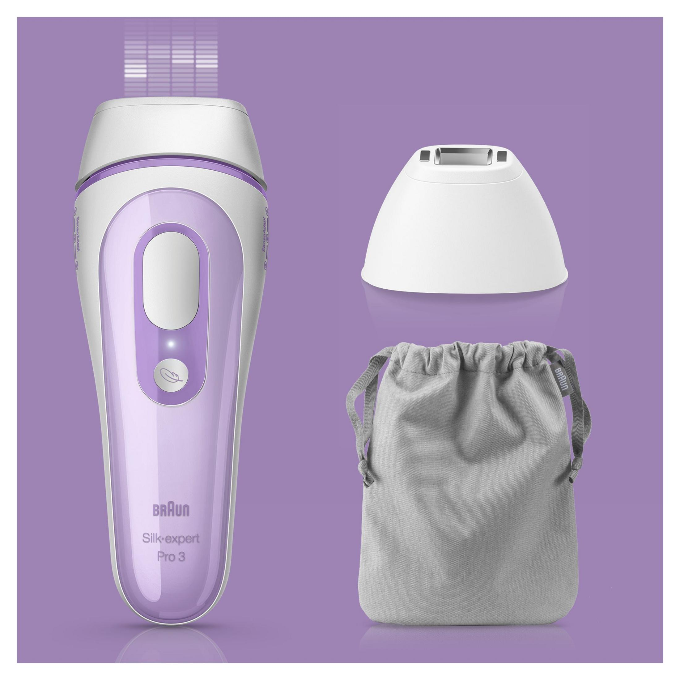 Urządzenie Braun Silk-expert Pro 3, akcesoria i szara torba do przechowywania na fioletowym tle.