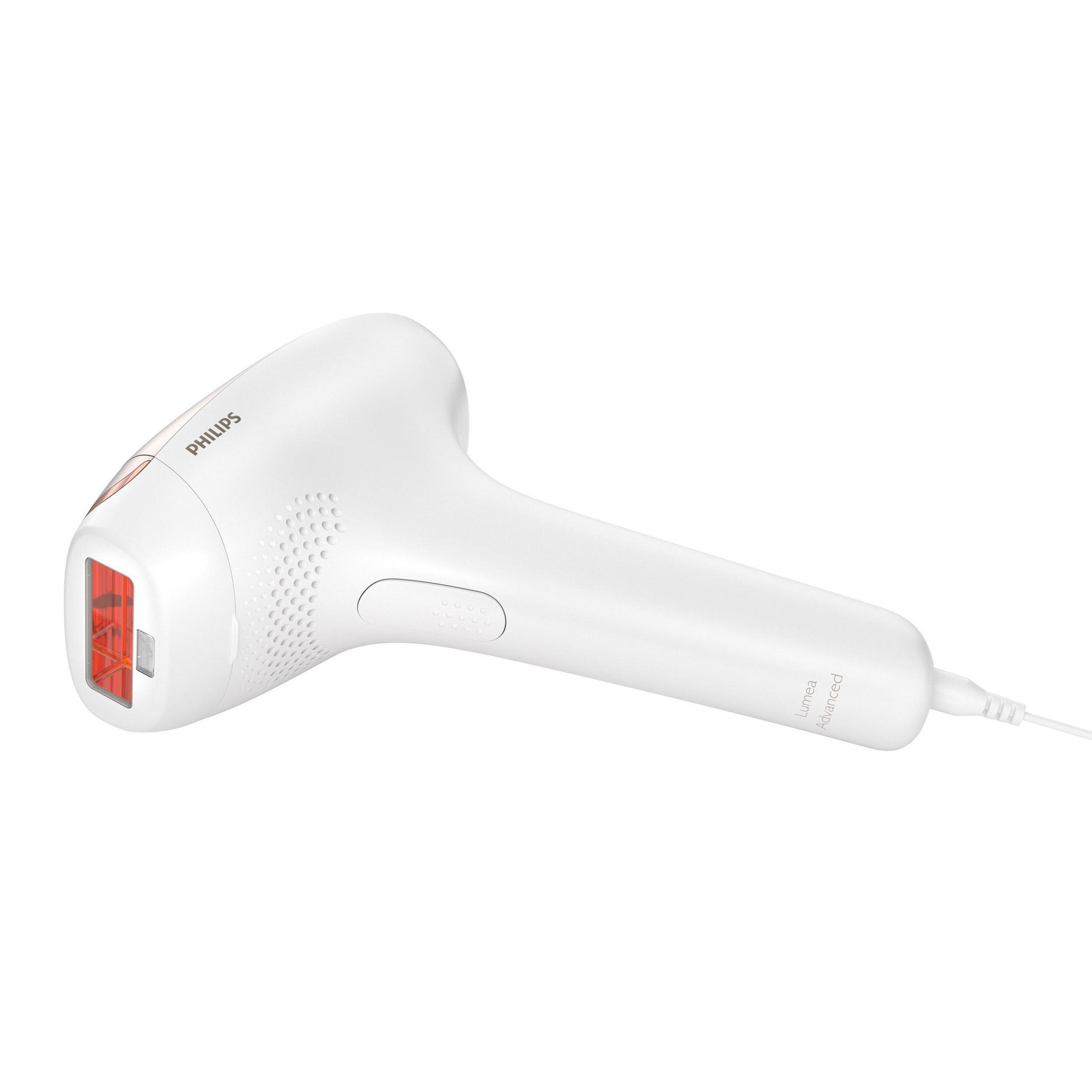 Dispositivo IPL Philips Lumea Advanced blanco con luz roja y cable blanco extendido.