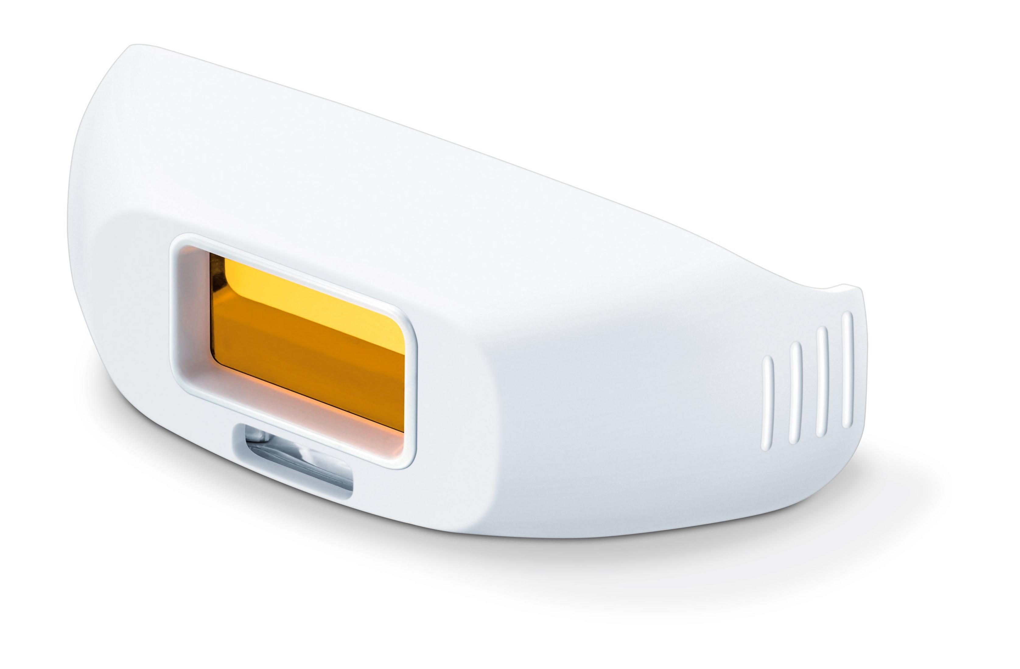 Un appareil d'épilation blanc avec une fenêtre de lumière jaune, isolé sur fond blanc.