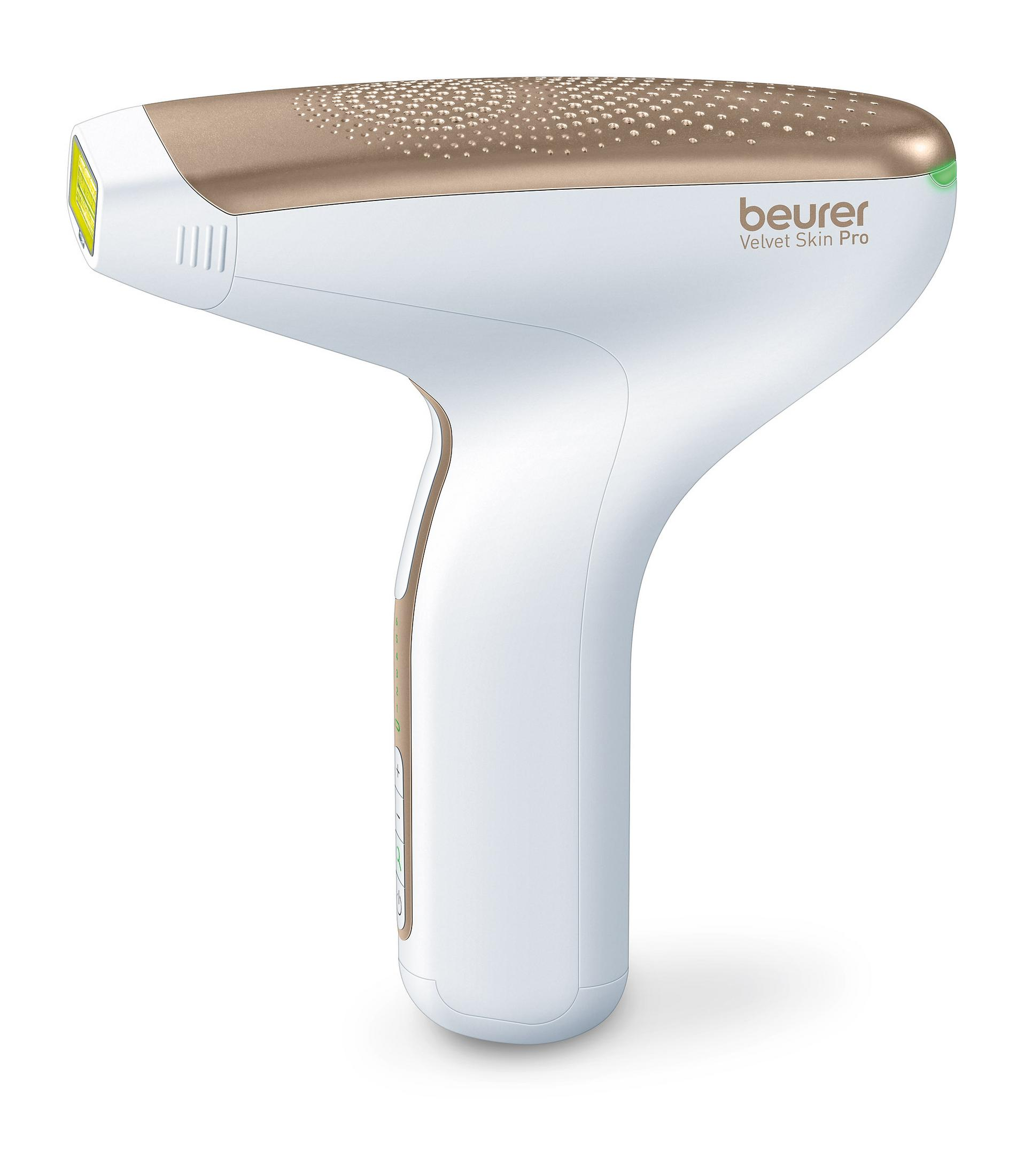 Appareil d'épilation Beurer Velvet Skin Pro blanc et doré. Fond blanc.