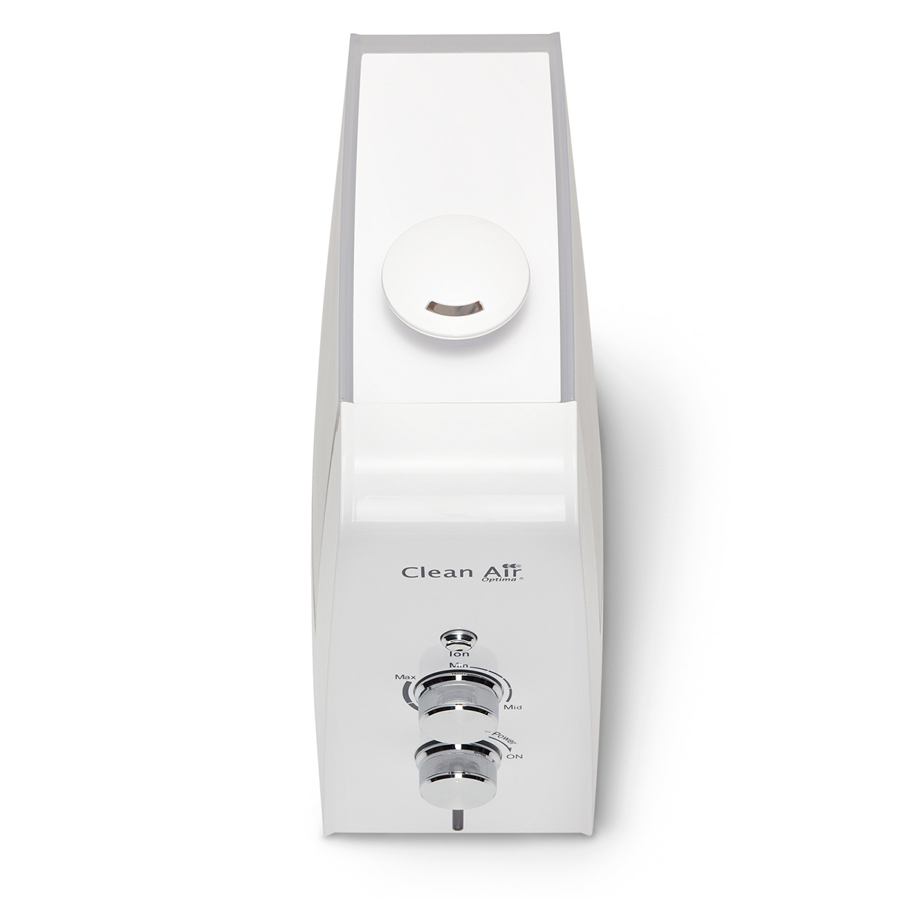 Un umidificatore d'aria bianco. Ha un pannello di controllo con manopole per la nebbia e altre impostazioni.