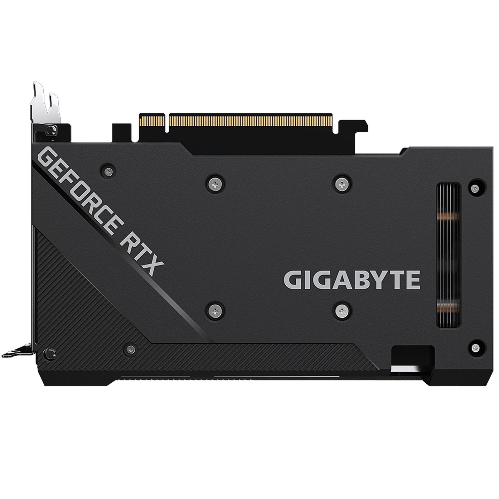 Czarna karta graficzna GeForce RTX Gigabyte, widok z boku, widoczne szczegóły.
