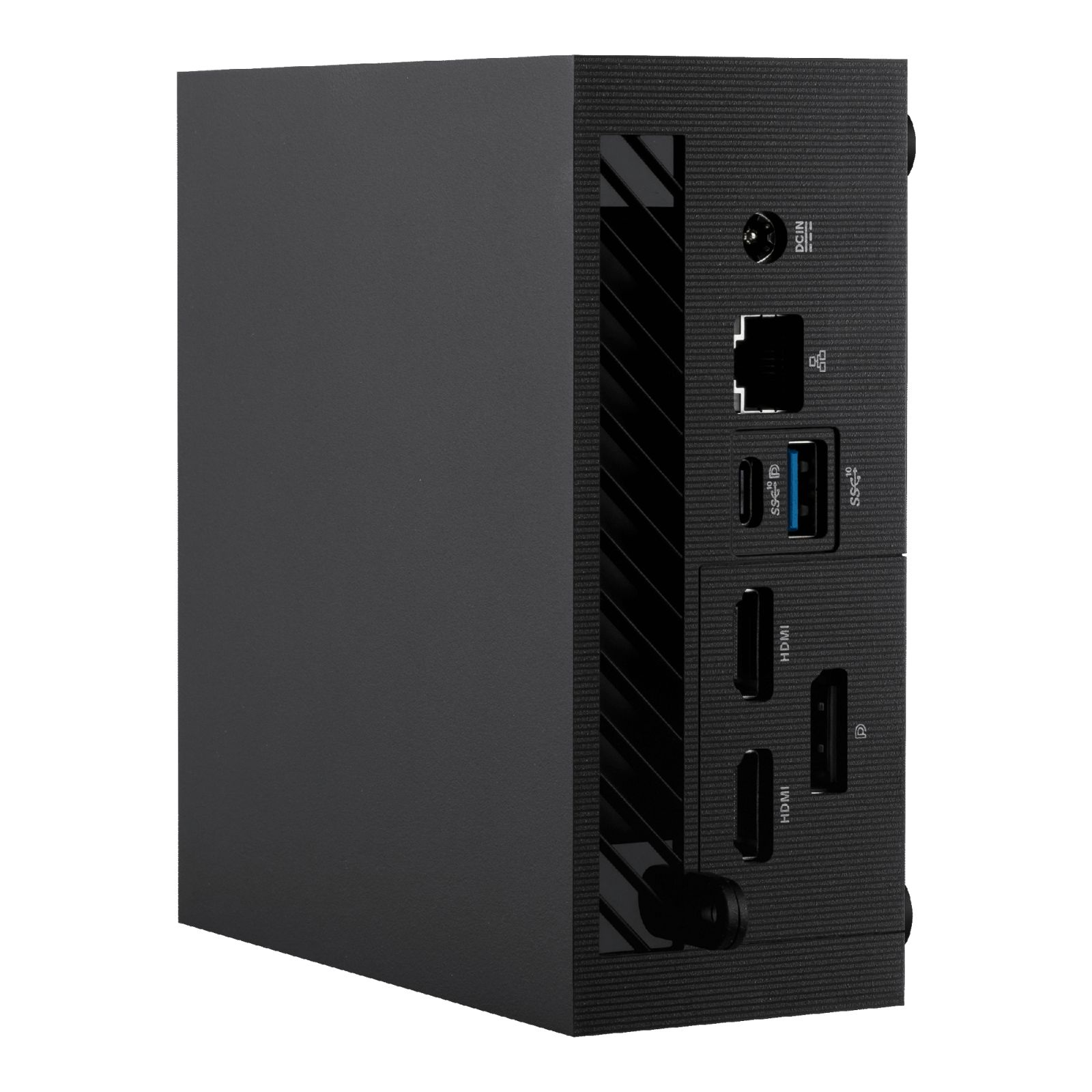 Dispositivo rettangolare nero con porte laterali e design frontale.