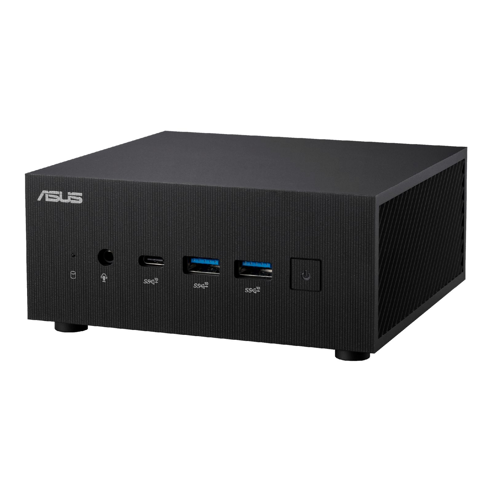 Un mini PC ASUS nero. La parte anteriore ha porte USB, pulsante di accensione e jack audio.