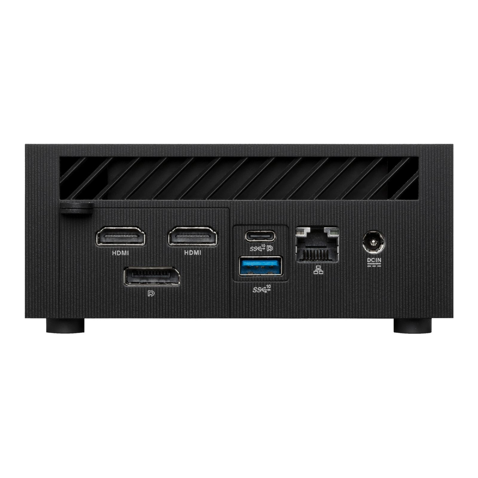 Primo piano del retro di un computer nero con più porte per varie connessioni.