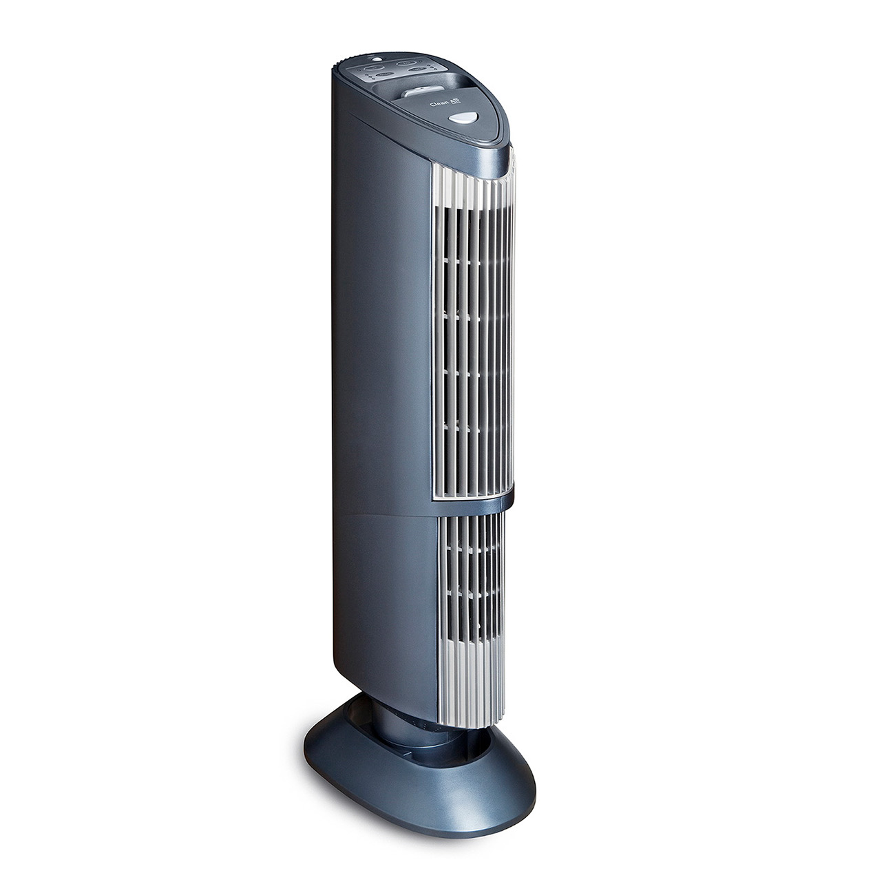 Donkergrijze torenventilator. Het heeft een ronde voet en een ovale behuizing met een digitaal display.