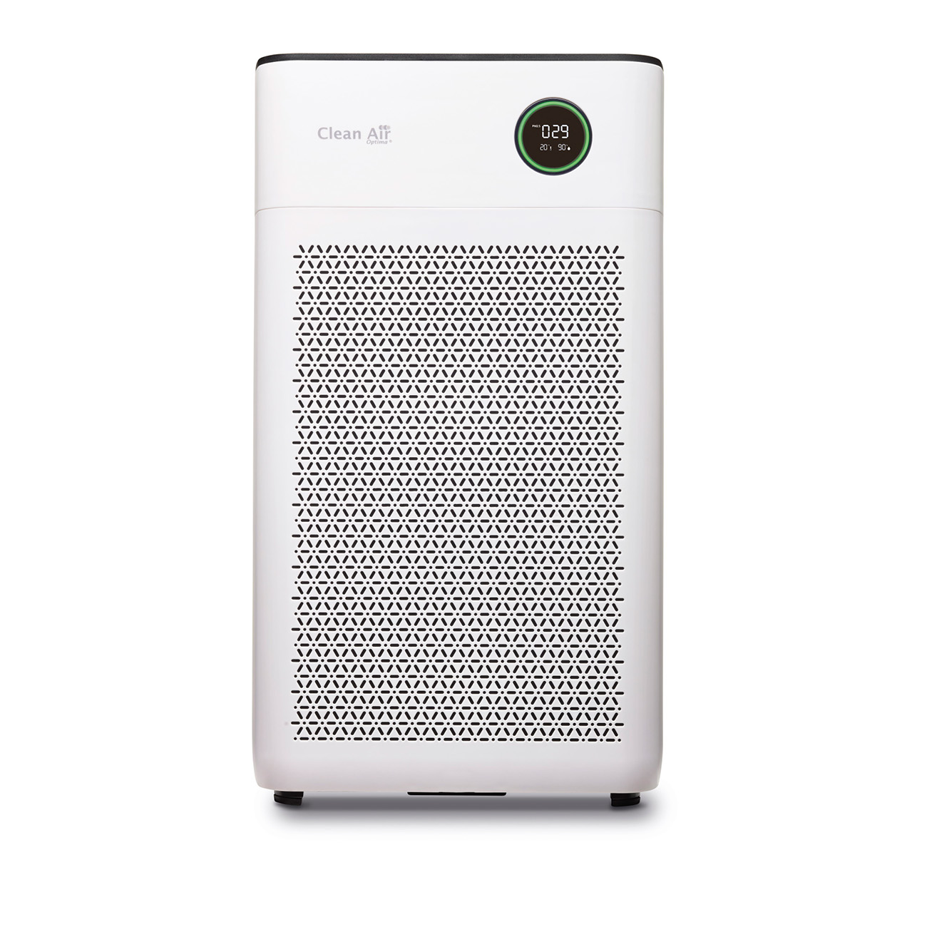 Purificatore d'aria bianco con pannello frontale nero a triangoli. Ha un display digitale.