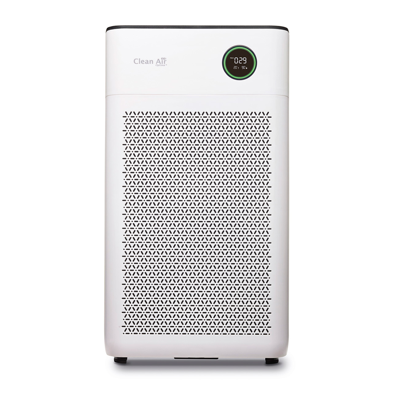 Purificatore d'aria bianco con display digitale e frontale a rete nero.