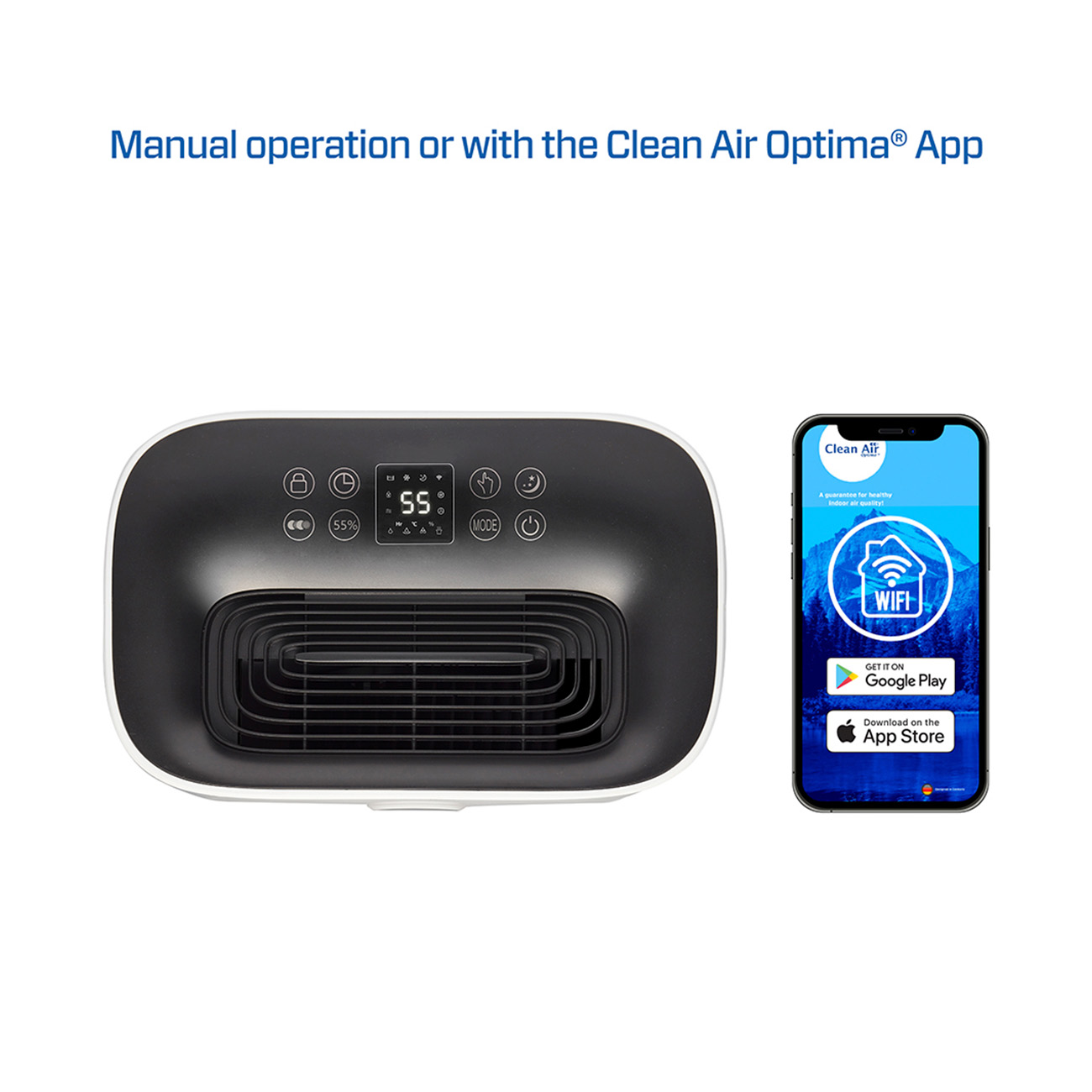 Witte en zwarte luchtreiniger naast een telefoon met een app met de tekst Clean Air Optima.