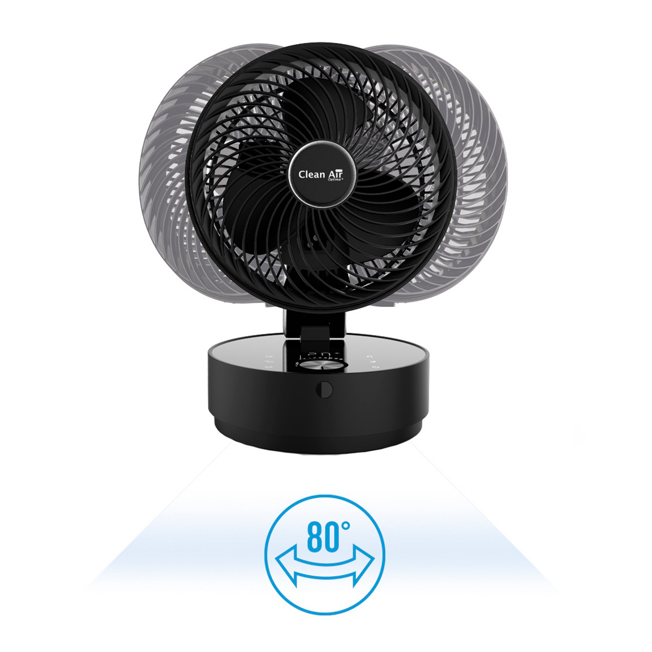 Un ventilateur noir sur une base noire. Il a un design circulaire et une zone bleu clair affiche 80 degrés.