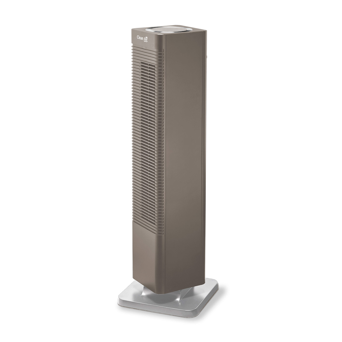 Un purificateur d'air marron et grand avec une base grise.