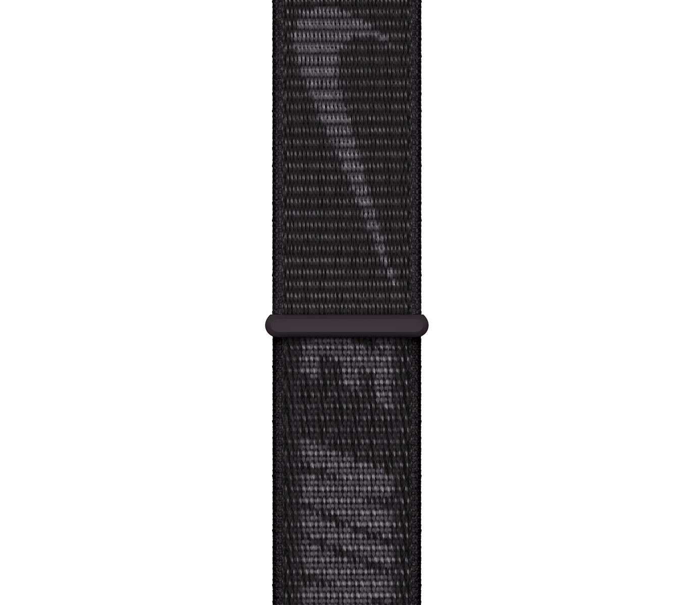 Bracelet de montre Nike Sport Loop noir et gris sur fond blanc, un connecteur en plastique sombre est visible.