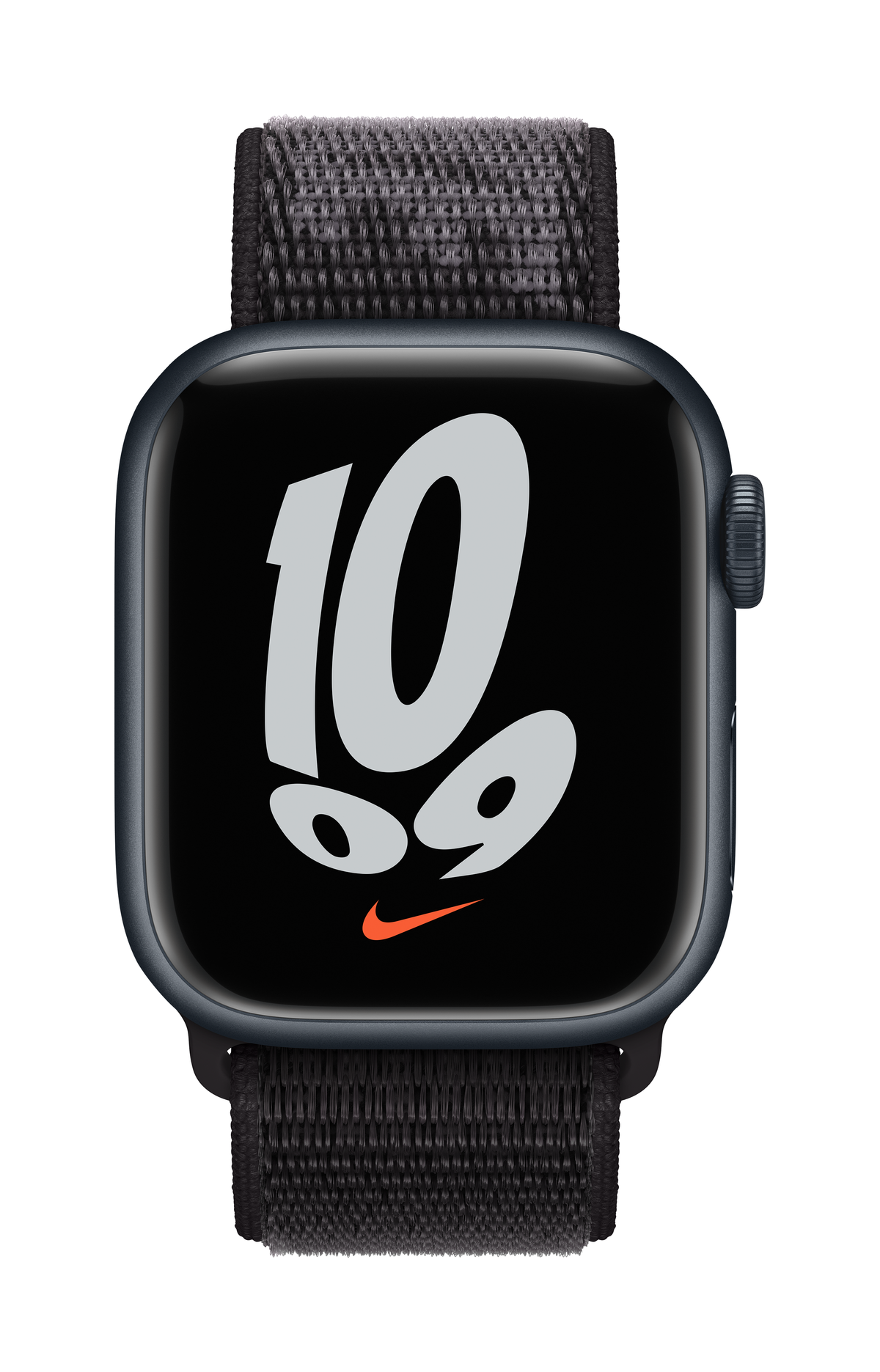 Apple Watch noire avec bracelet gris. Affiche le numéro 10. Logo Nike orange.