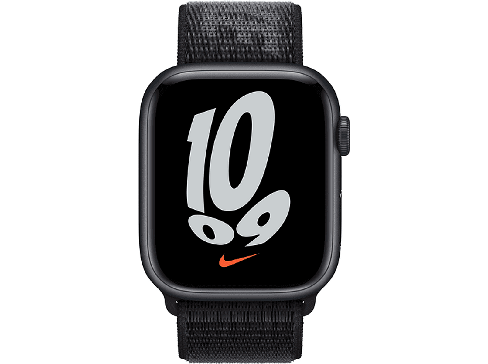 Een zwarte Apple Watch met het nummer 10 op het scherm, met een zwarte geweven band.