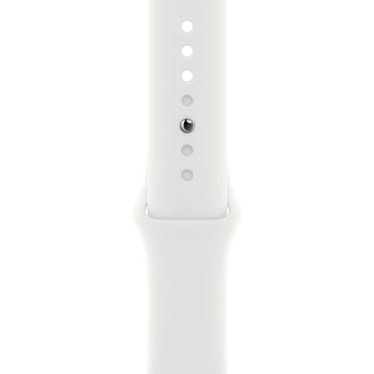 A white Apple Watch band, with a series of holes for adjustment and a secure clasp.