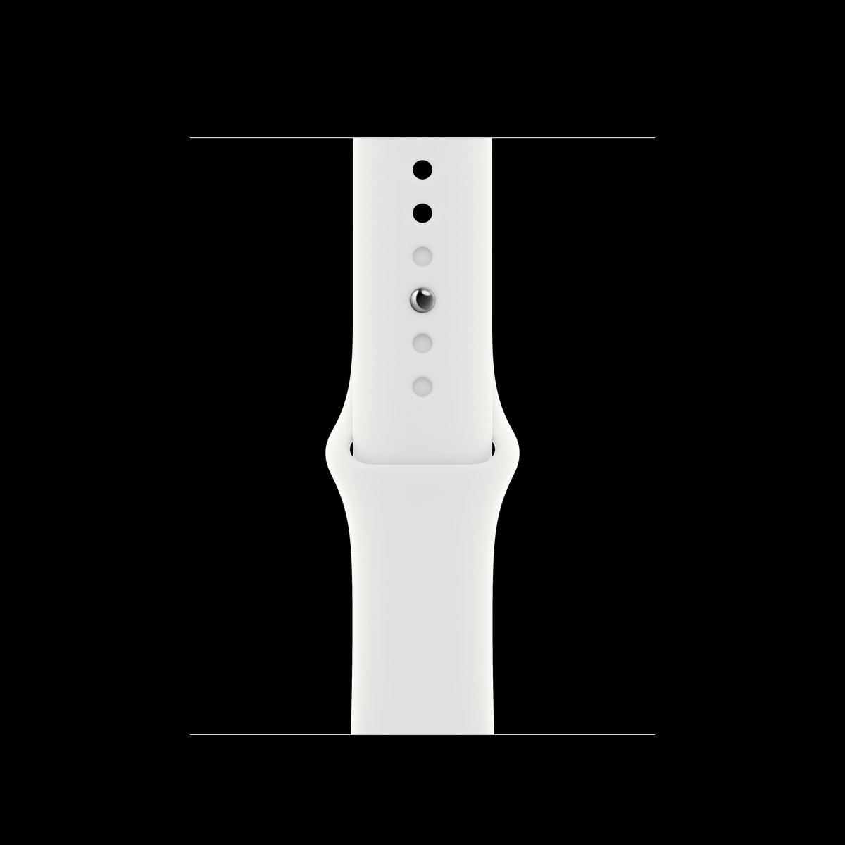 White Apple Watch band section with holes and a clasp. Black background.