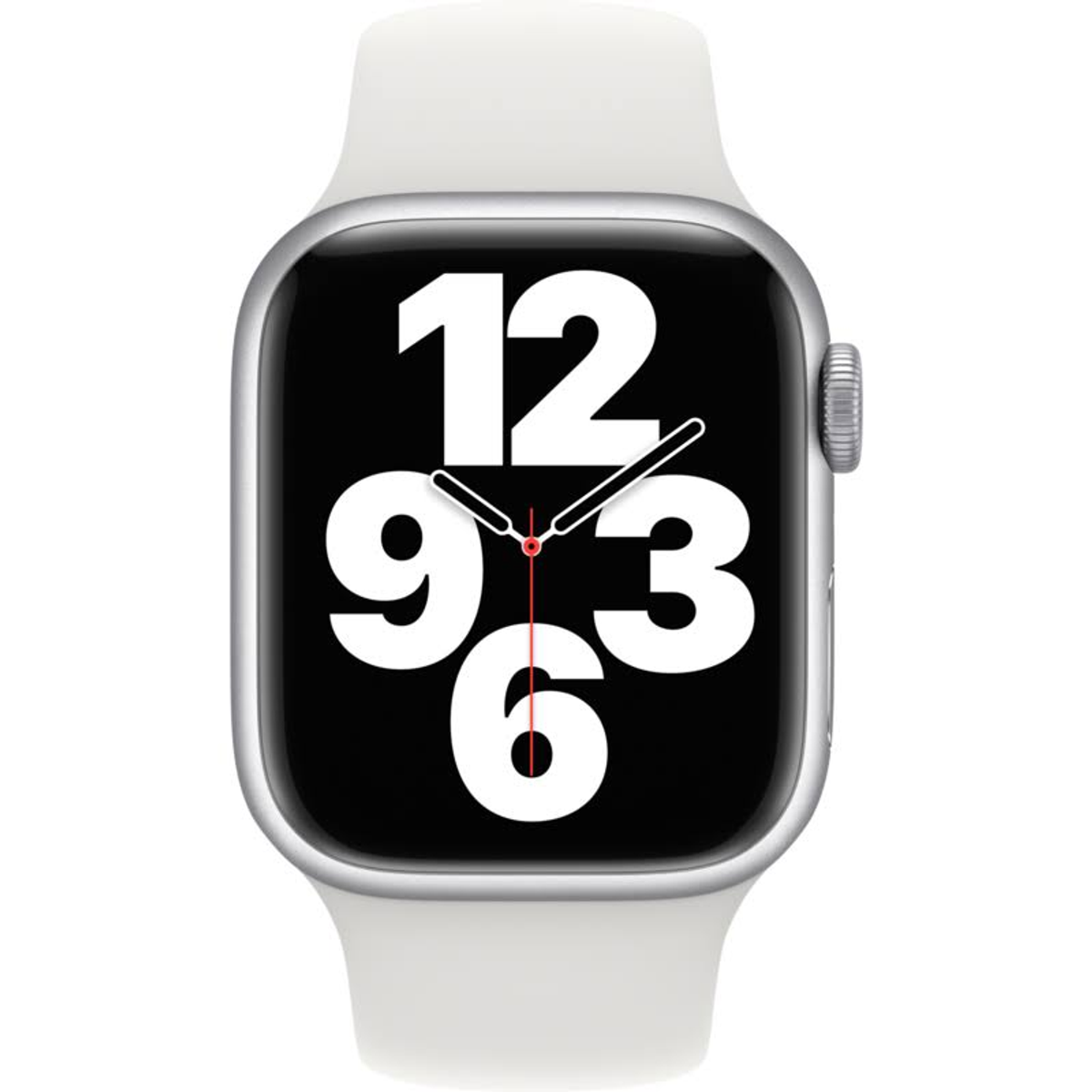 An Apple watch with a white band showing the time, numbers 12, 9, 3, and 6 are visible.