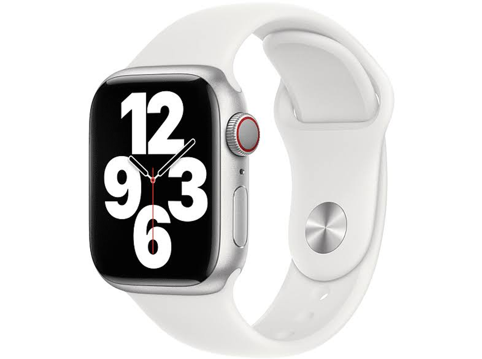 A silver Apple Watch with a white band. The watch face shows the time.
