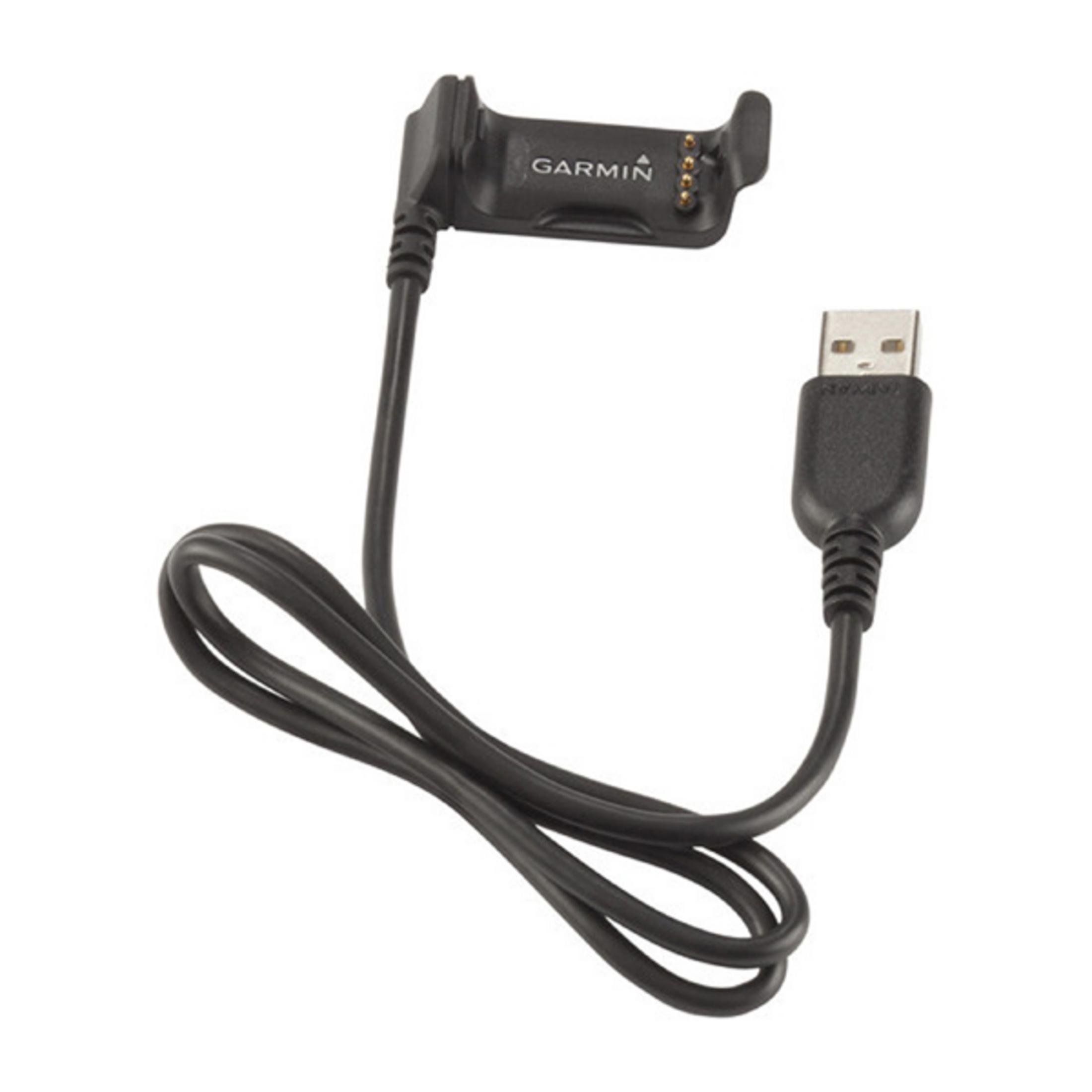 Cavo caricatore orologio Garmin nero. L'estremità USB è a destra, il caricatore a sinistra.