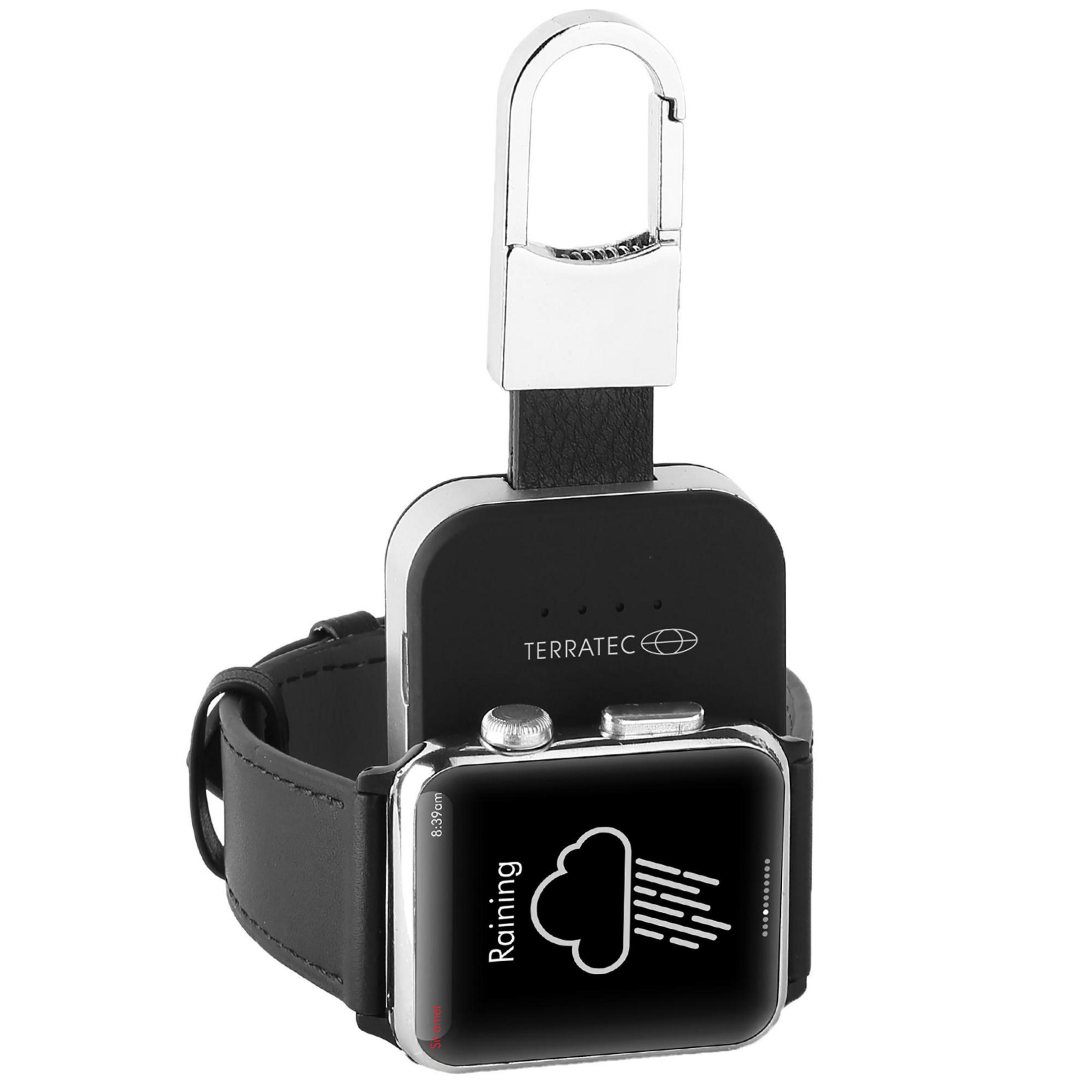 Schwarze Smartwatch mit schwarzem Ladegerät, Regenzauber-Symbol auf dem Bildschirm. Silberner Verschluss.