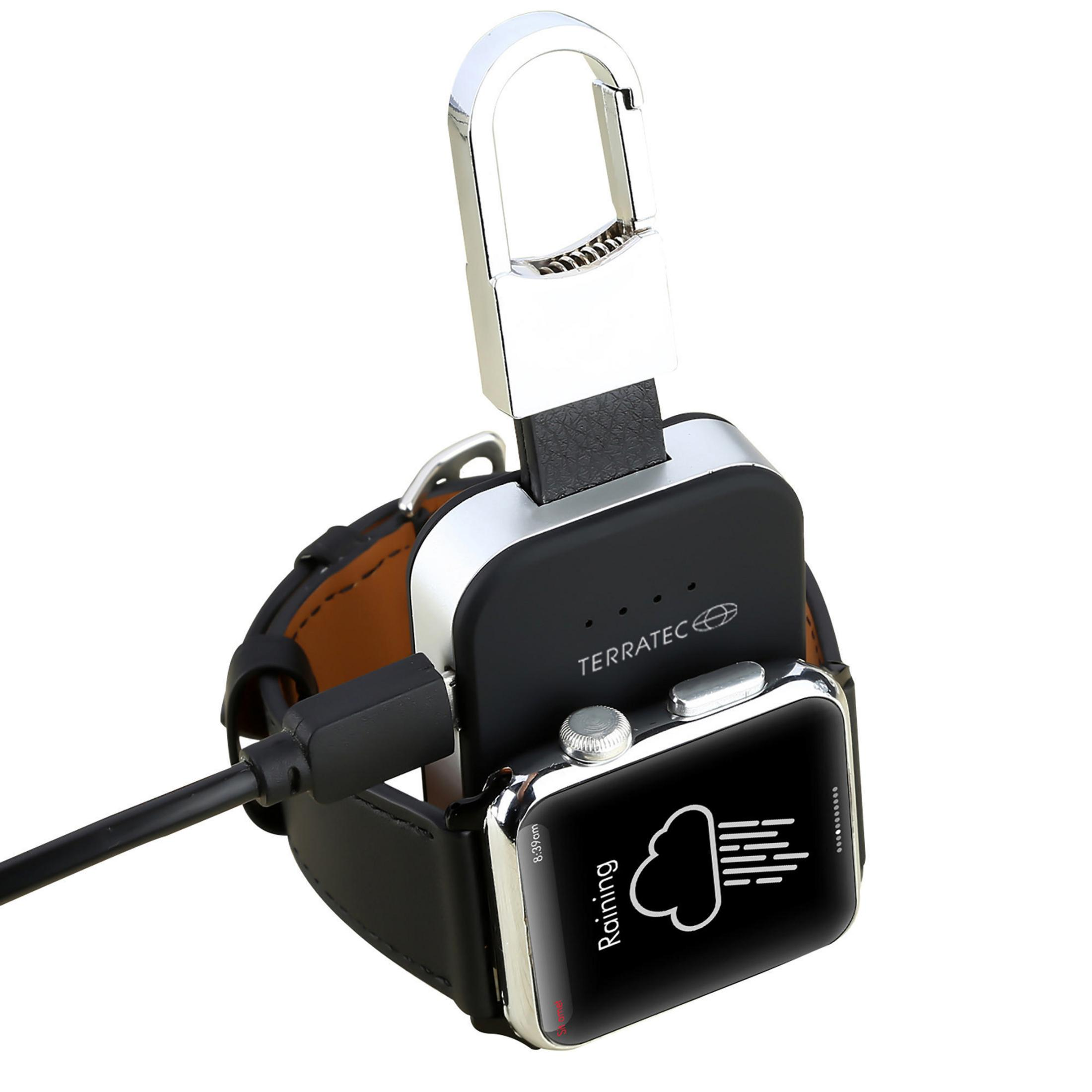 Smartwatch wird mit TerraTec-Ladegerät geladen, das ein Regensymbol zeigt.