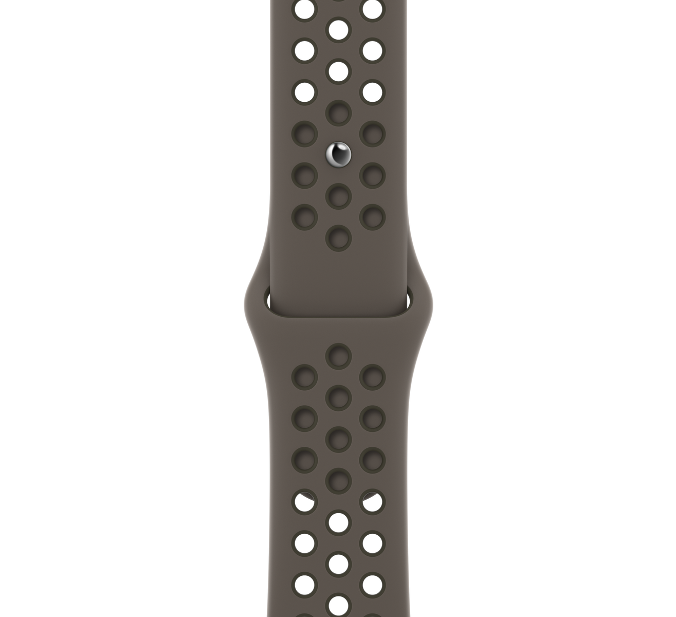 A dark gray Apple Watch band with holes. The band is seen against a white backdrop.