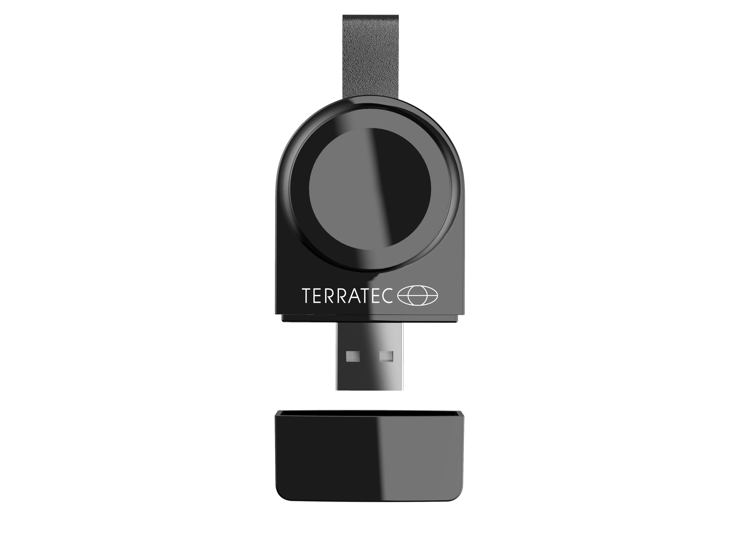 Schwarzes Terratec USB-Gerät mit USB-Anschluss und kleiner Kappe.