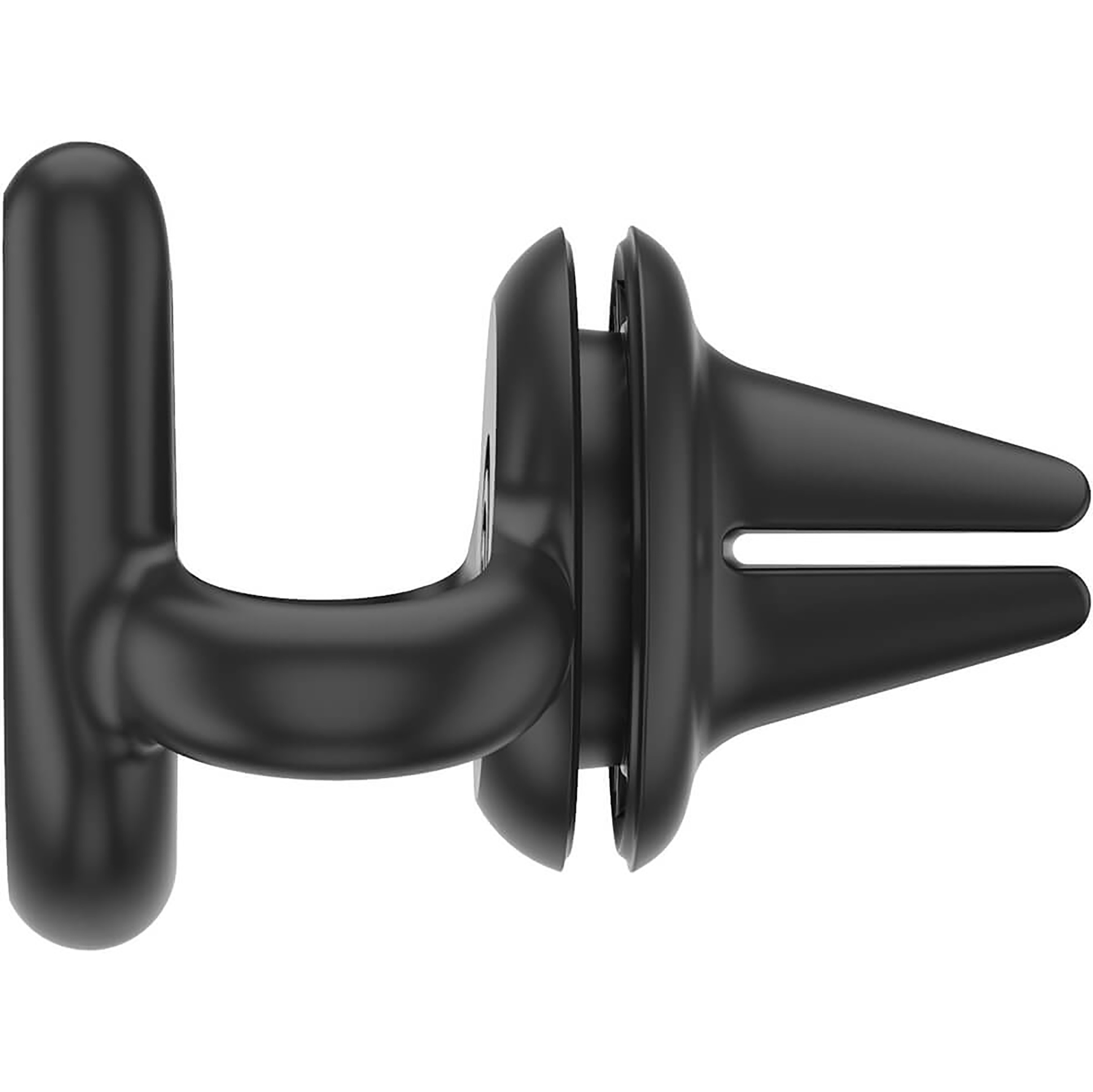 Clip negro para la ventilación del coche. Es curvo y tiene un diseño circular.