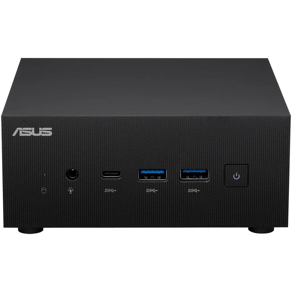 Mini PC ASUS negro con puertos y botón de encendido. Vista frontal, fondo blanco. Diseño limpio.
