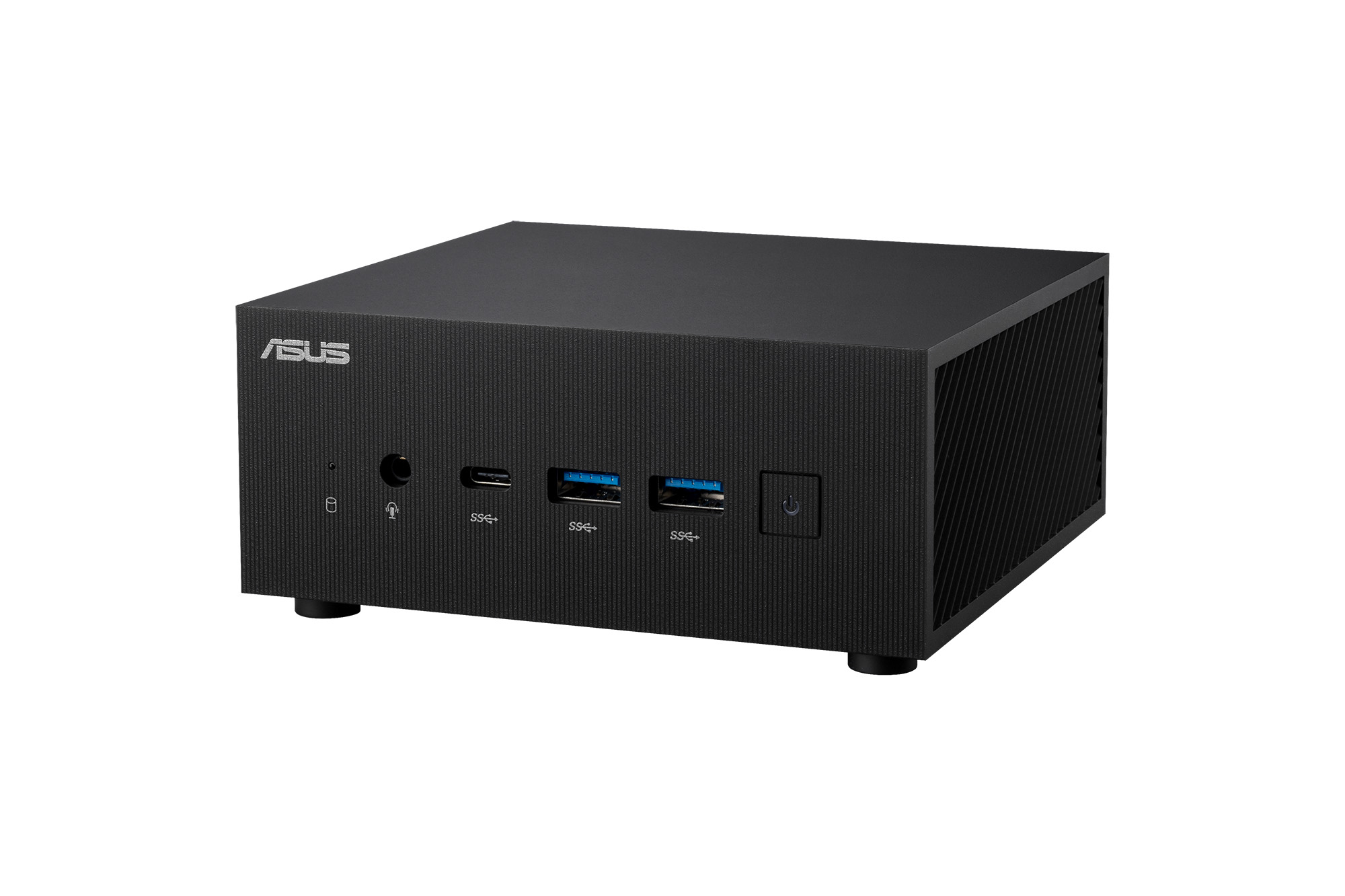 Un piccolo computer desktop ASUS nero, visto frontalmente.