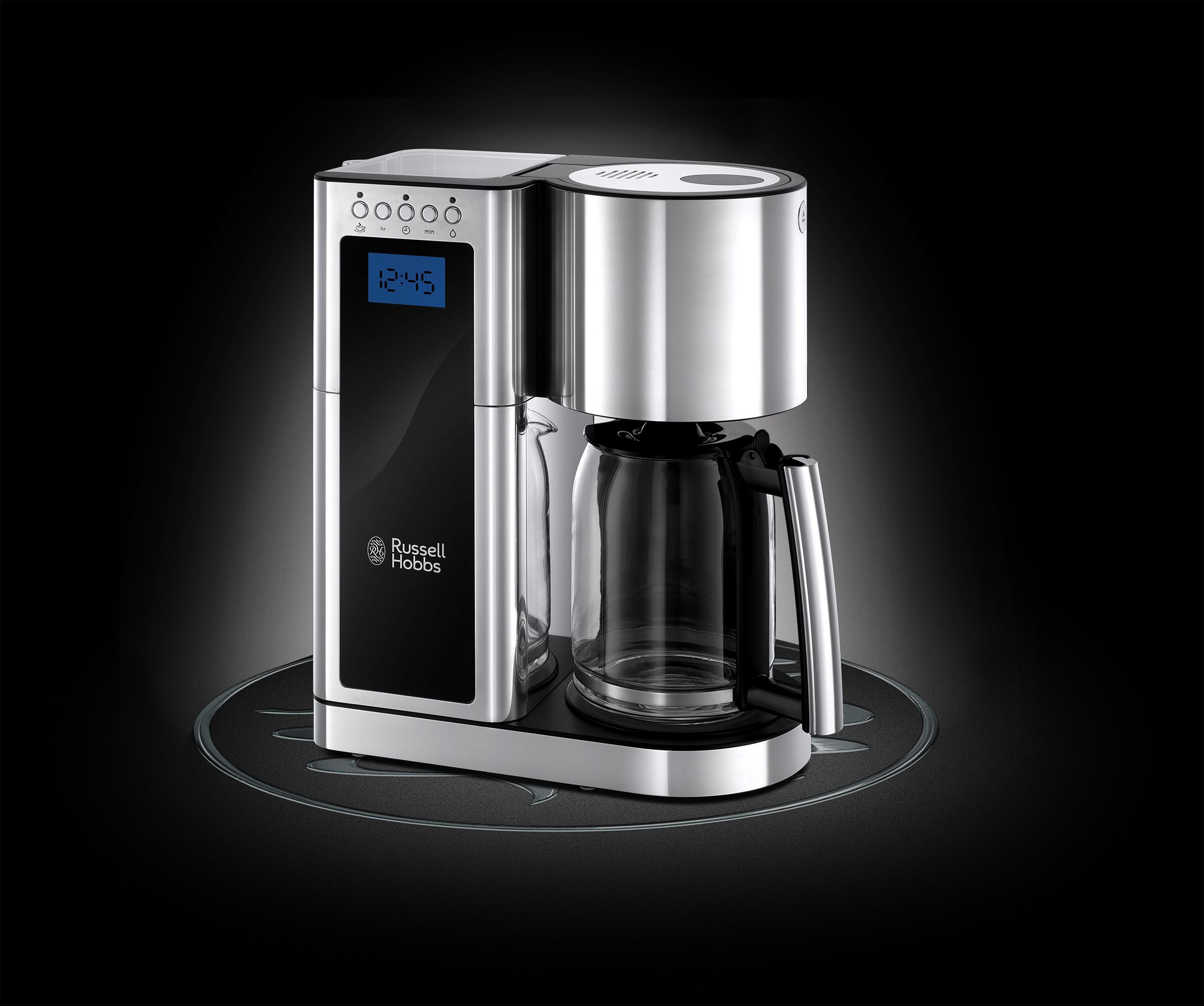 Macchina per caffè Russell Hobbs argento e nera con caraffa.