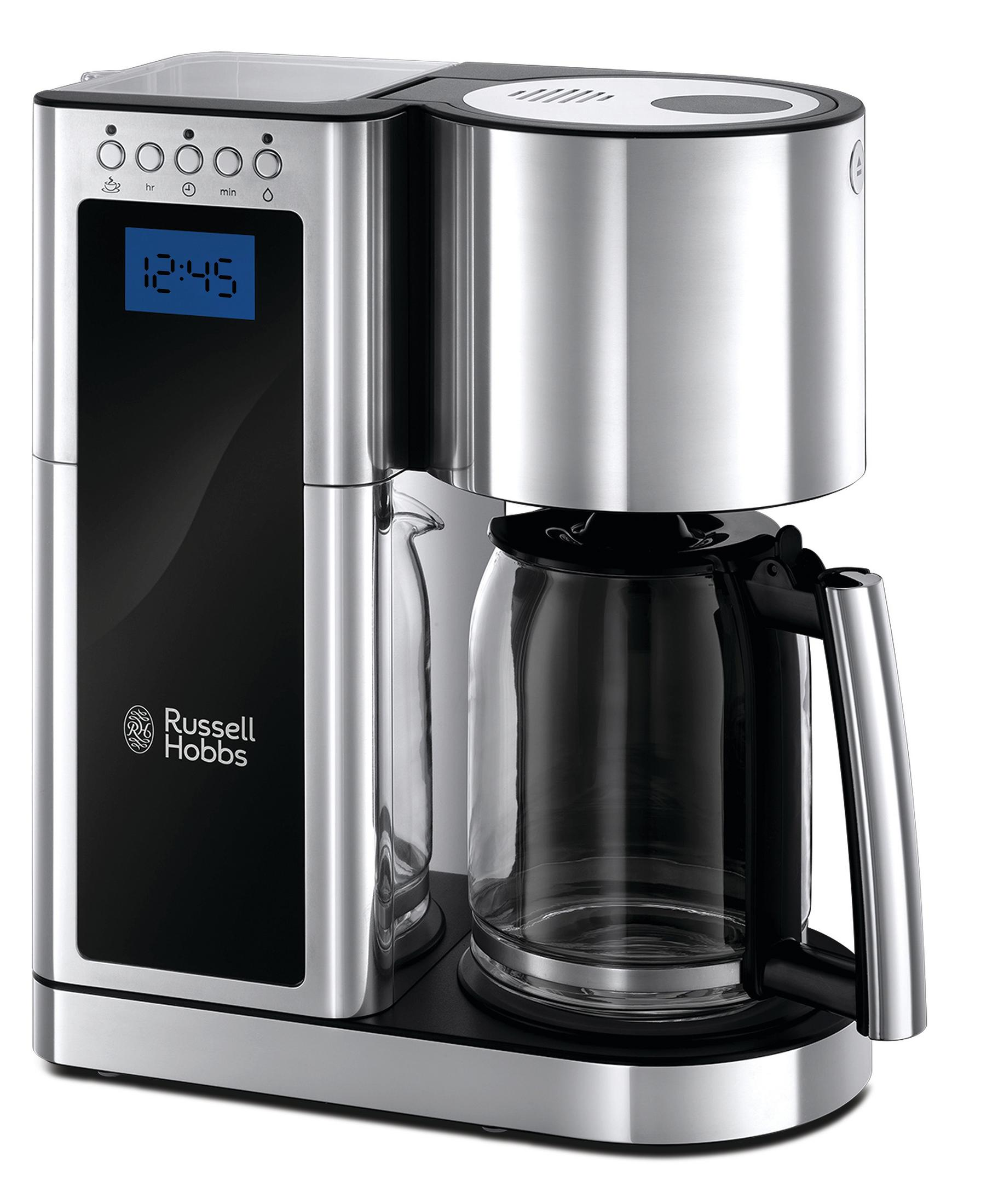Una caffettiera Russell Hobbs in acciaio inossidabile con un display digitale che mostra l'ora.