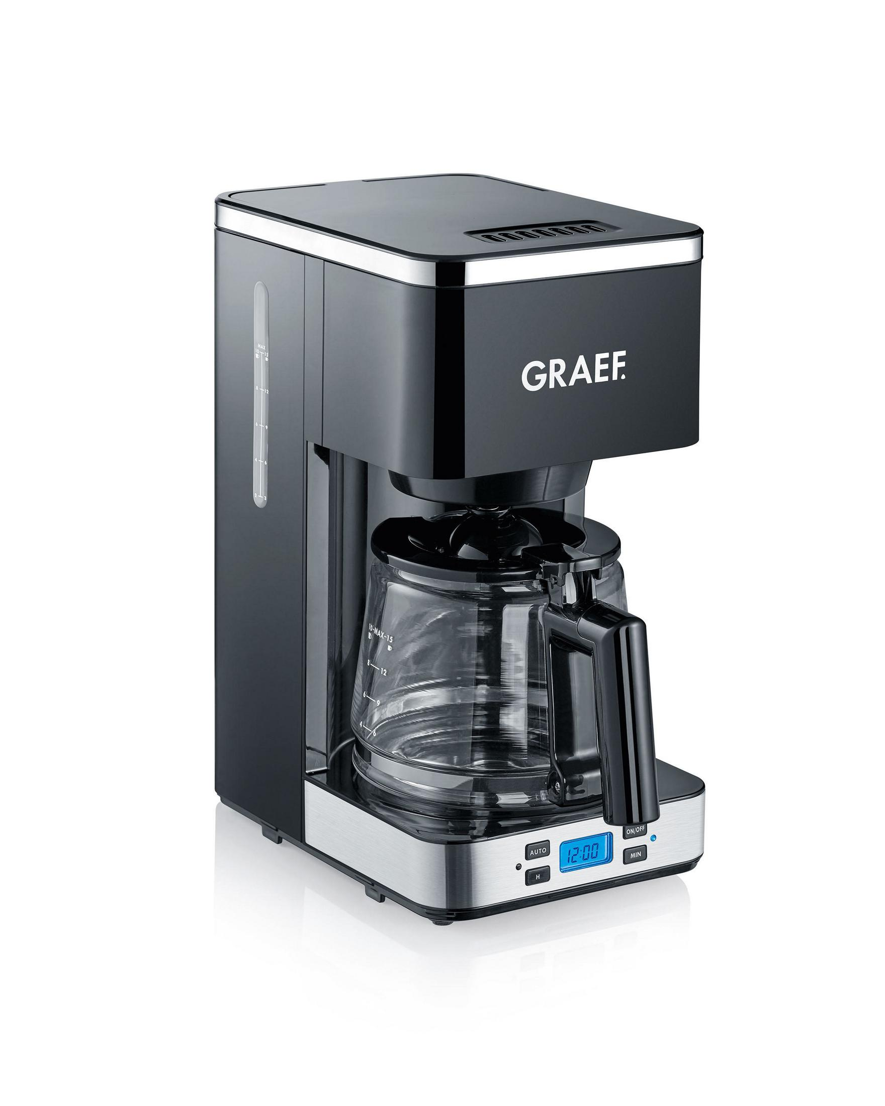 Czarny ekspres do kawy ze szklanym dzbankiem i wyświetlaczem cyfrowym. Graef to marka.