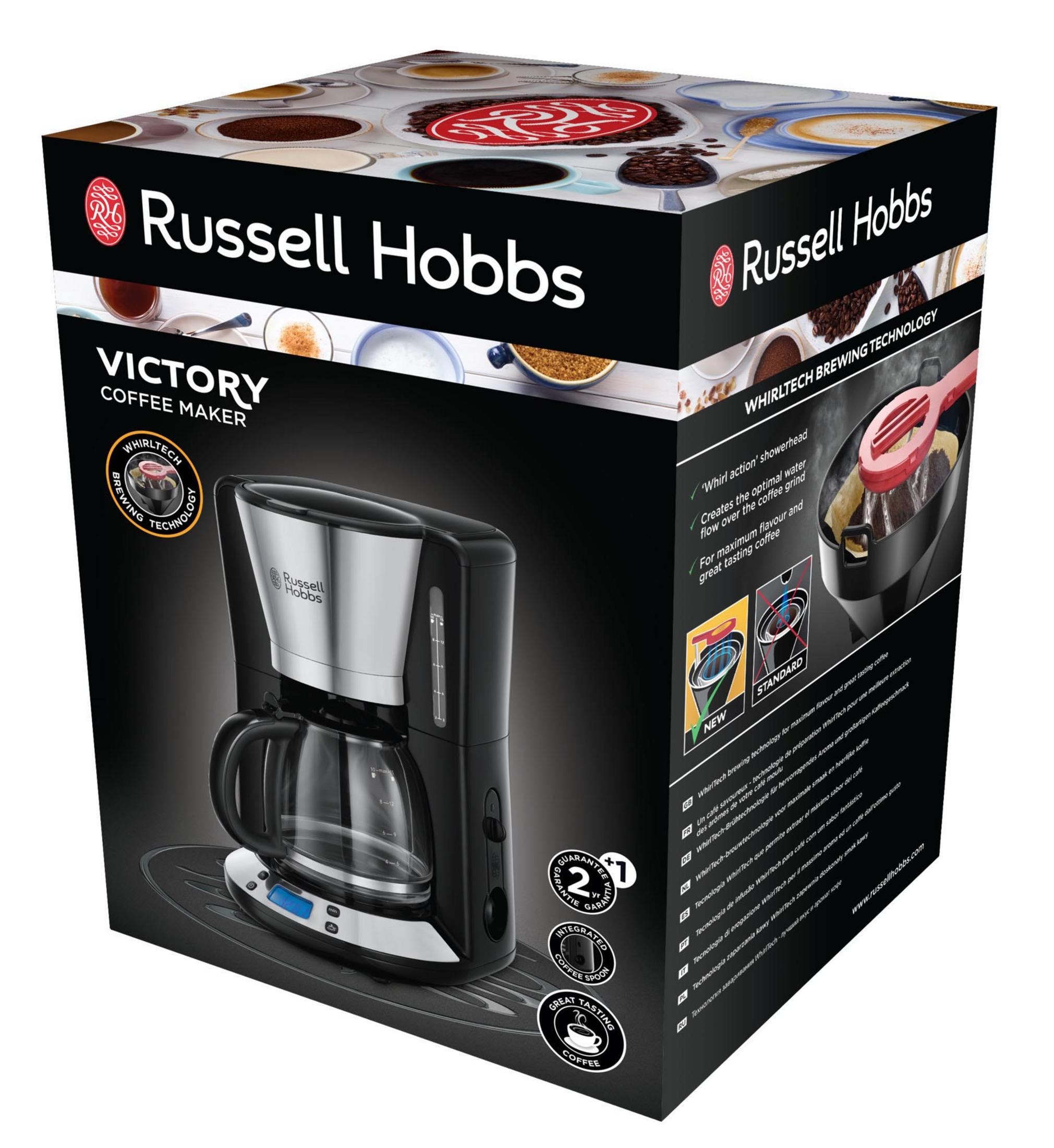 Pudełko ekspresu do kawy z logo Russell Hobbs i zdjęciami ziaren kawy i filiżanek.