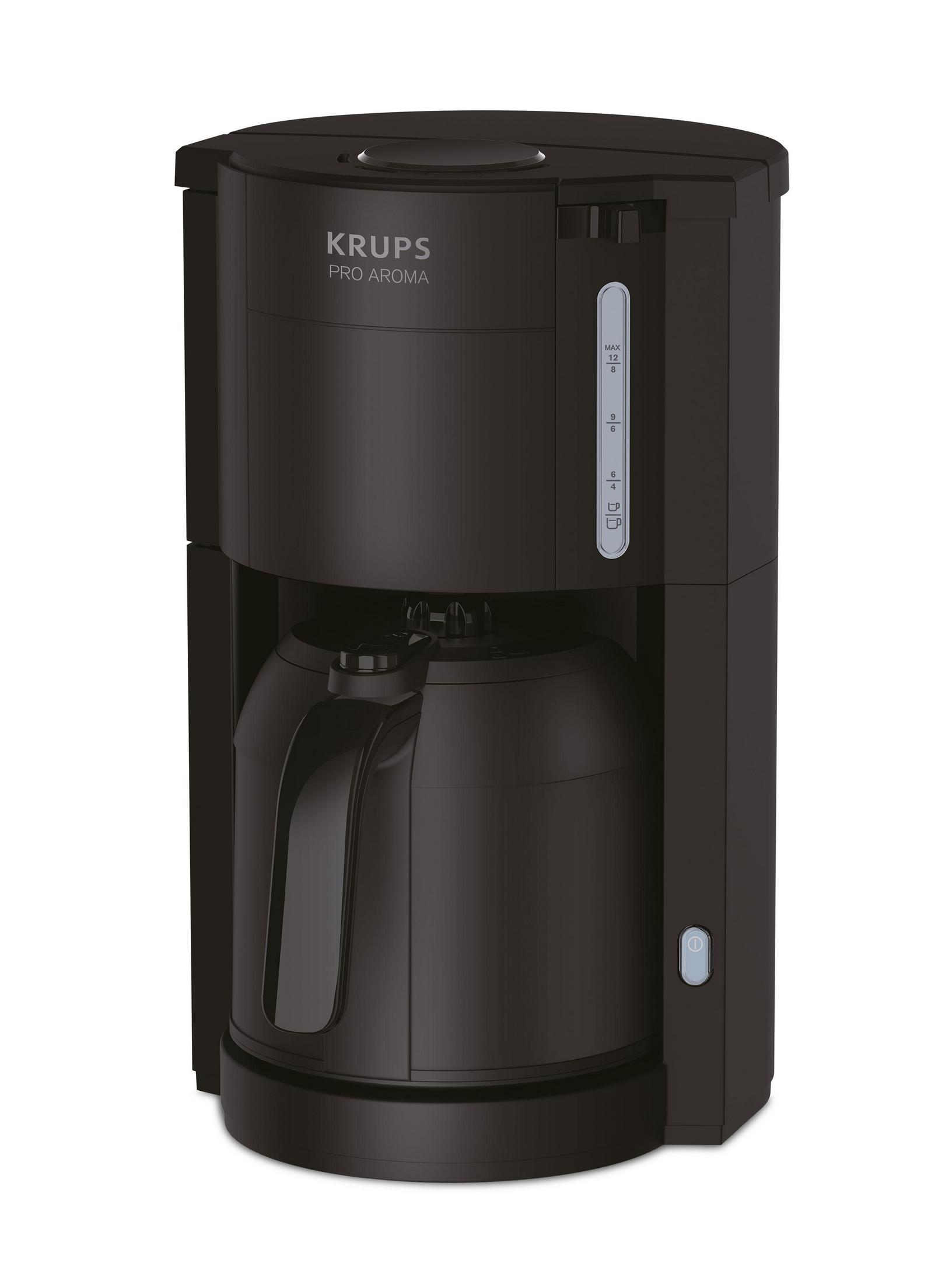 Czarny ekspres do kawy KRUPS Pro Aroma. Posiada szklany dzbanek i wskaźnik poziomu wody.