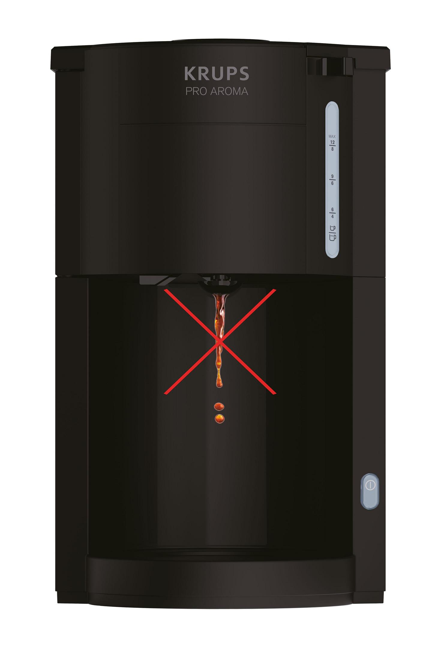 Czarny ekspres do kawy Krups Pro Aroma, z przekreślonymi kroplami kawy, wskazującymi brak kawy.
