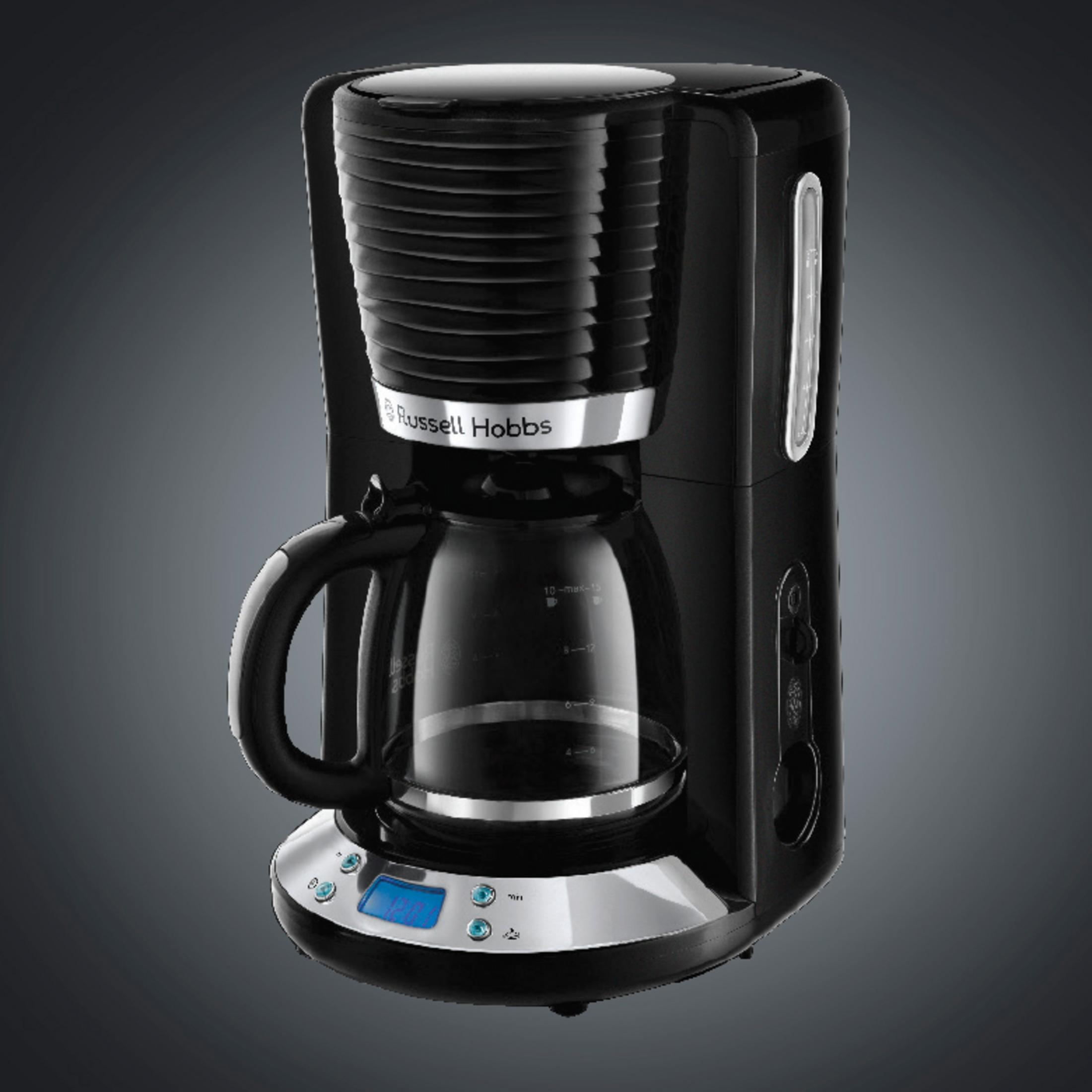 Siyah Russell Hobbs kahve makinesi. Cam sürahi ve mavi ekran. Gümüş kaplama.