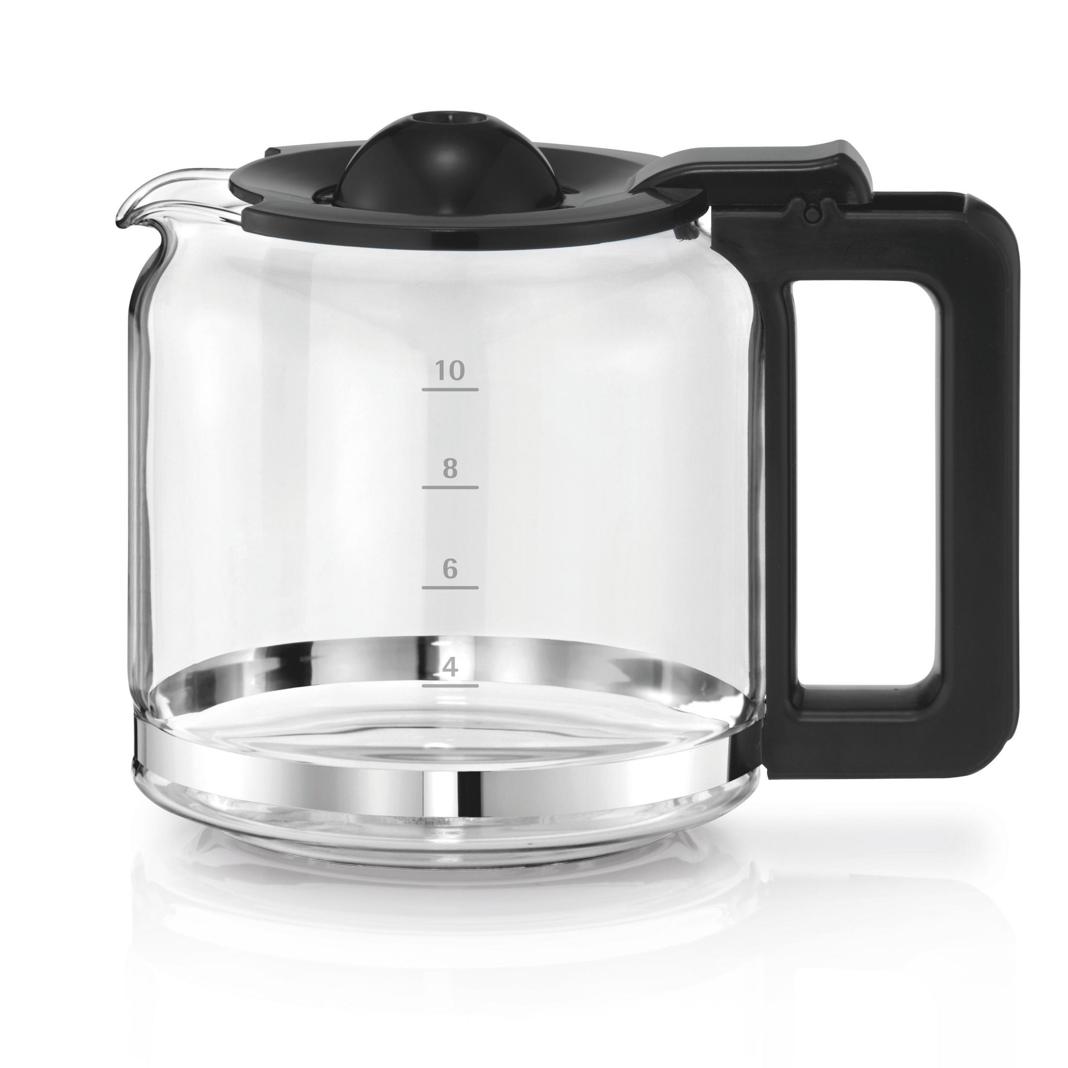 Szklany dzbanek do kawy z czarnym uchwytem i pokrywką. Ma oznaczenia pomiarowe i stoi na białym tle.